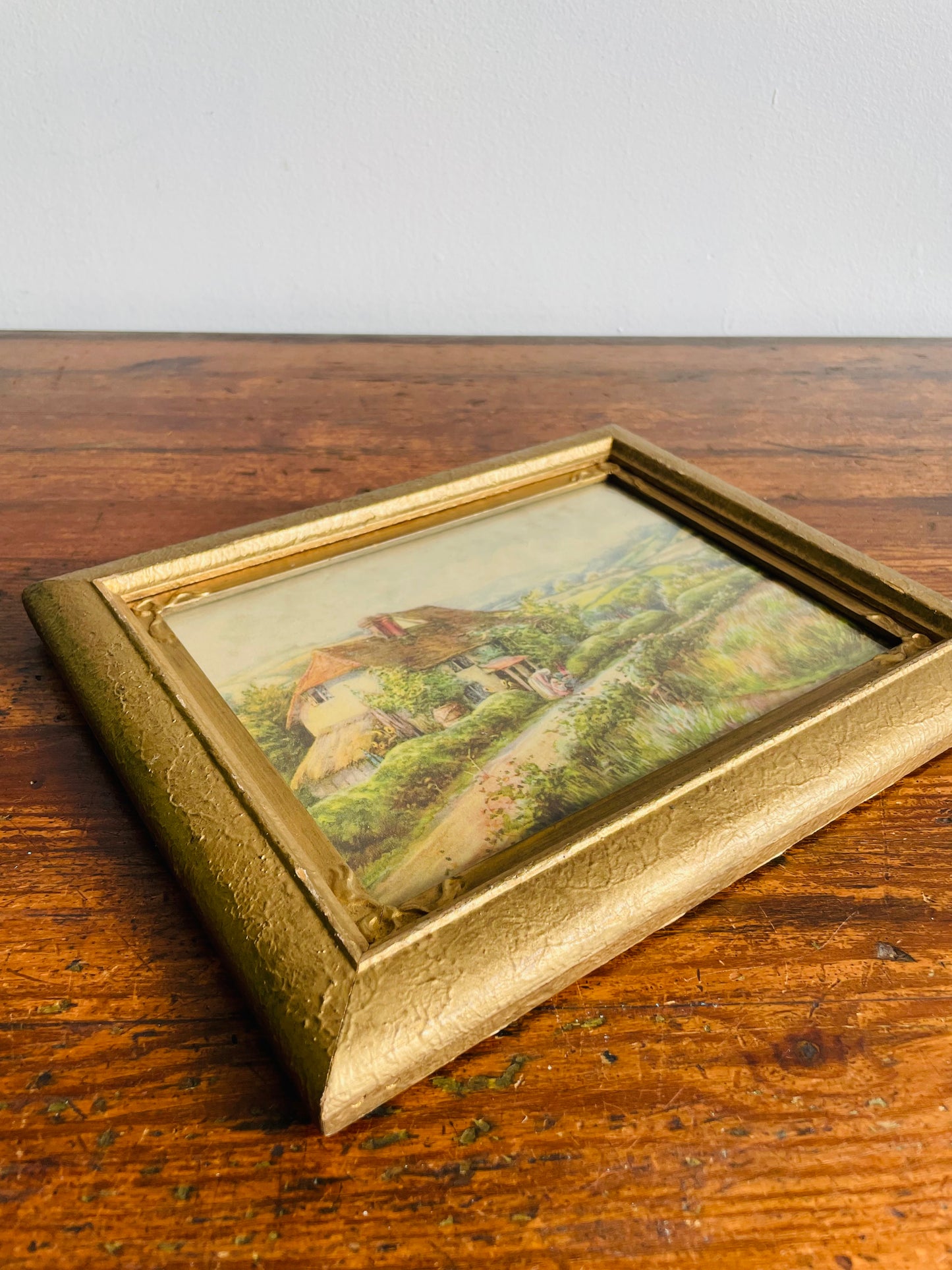 Framed Country Cottage Scene Print with Thatched Roof House, Woman & Child