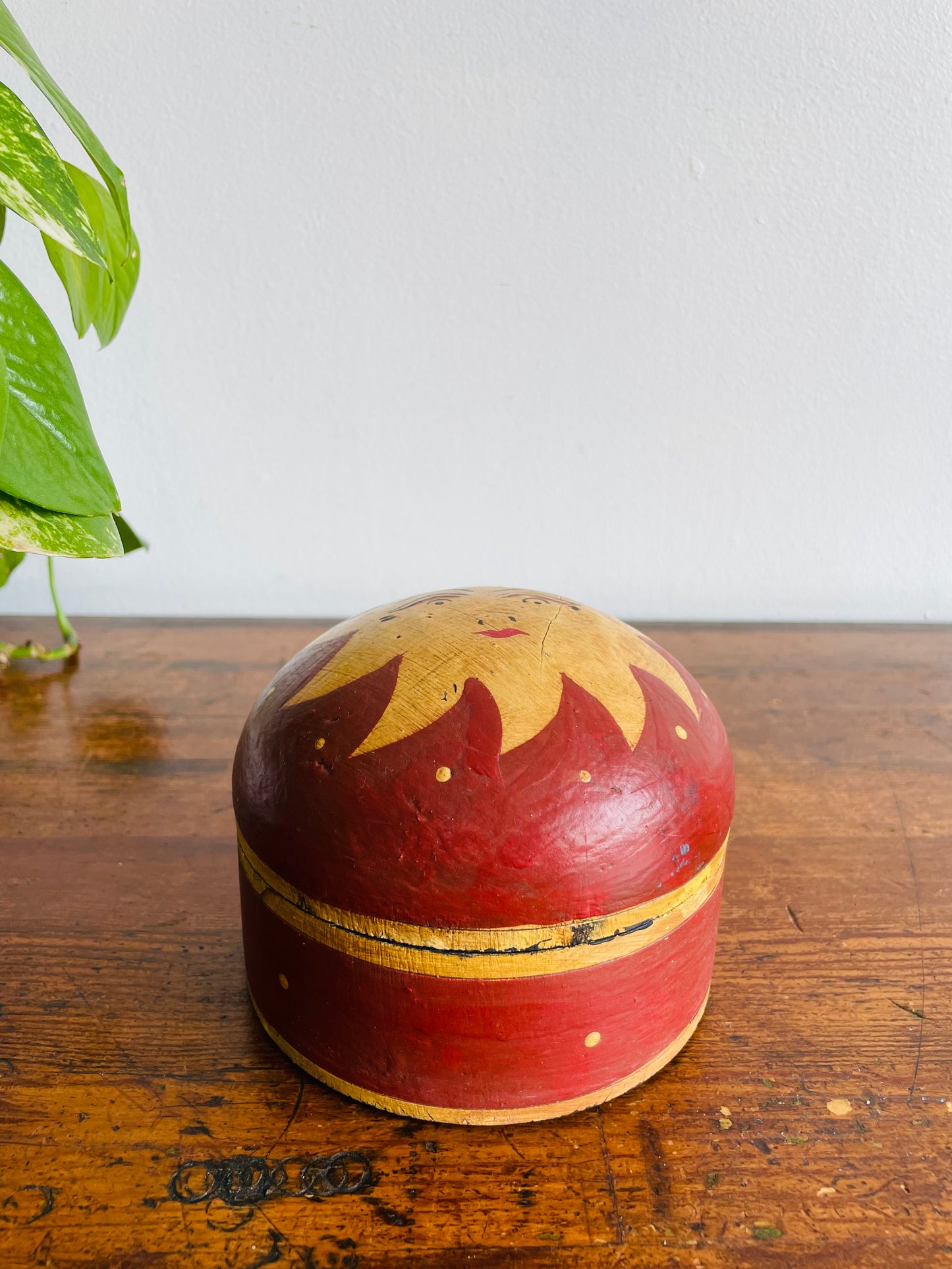 Round Wood Celestial Trinket Box with Sun Design