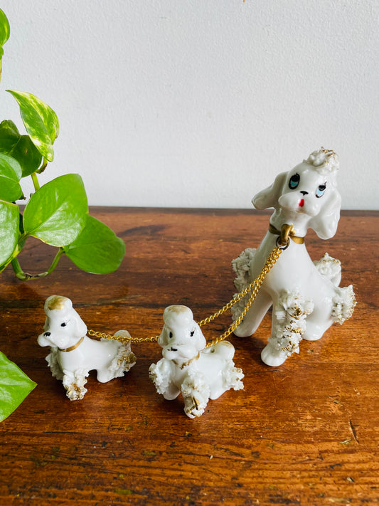 Vintage Mid-Century White Spaghetti Mother Poodle Dog Figurine with Two Puppies on Gold Chain