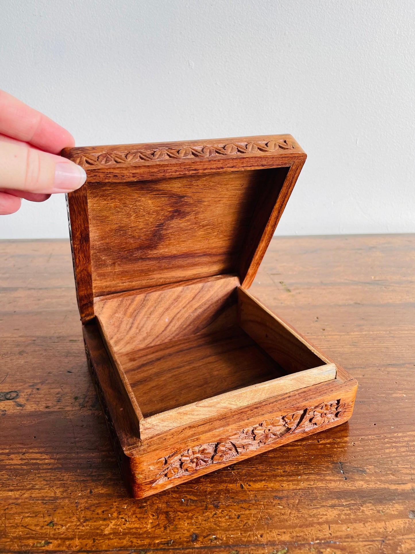 Square Indian Rosewood Box with Hinged Lid & Ornate Carved Flower Design