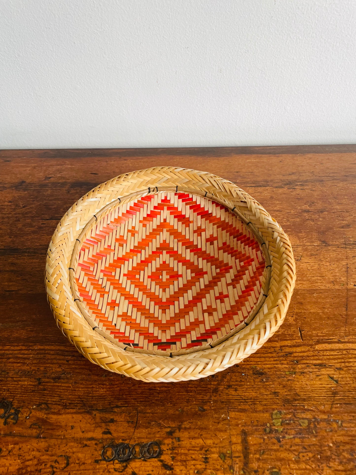 Woven Basket Bowl or Wall Hanging with Orange Design