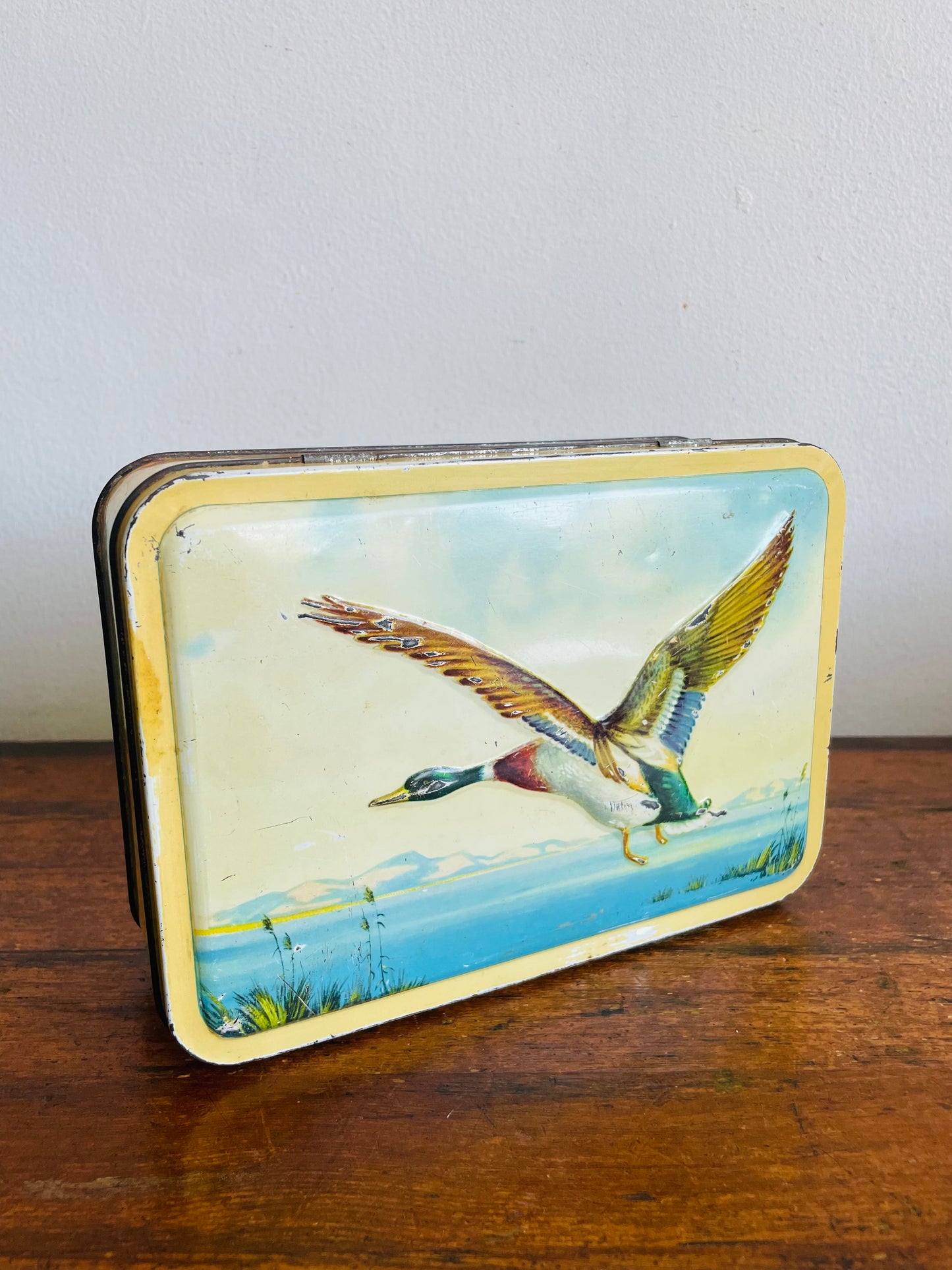 Vintage Tin Container with Flying Duck Bird Over Lake & Mountains Design - MacFarlane Lang & Co's Biscuits