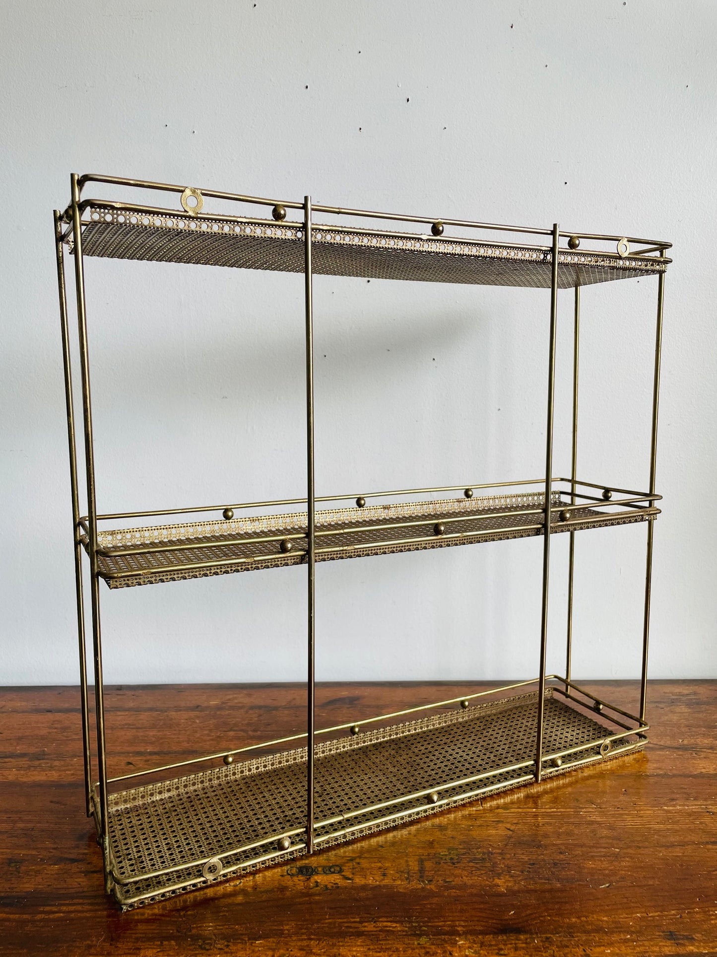 Vintage Gold Toned Metal & Brass Wall Hanging Shelf with Openwork Grill Design & Raised Edges - 3 Shelves- No Shipping