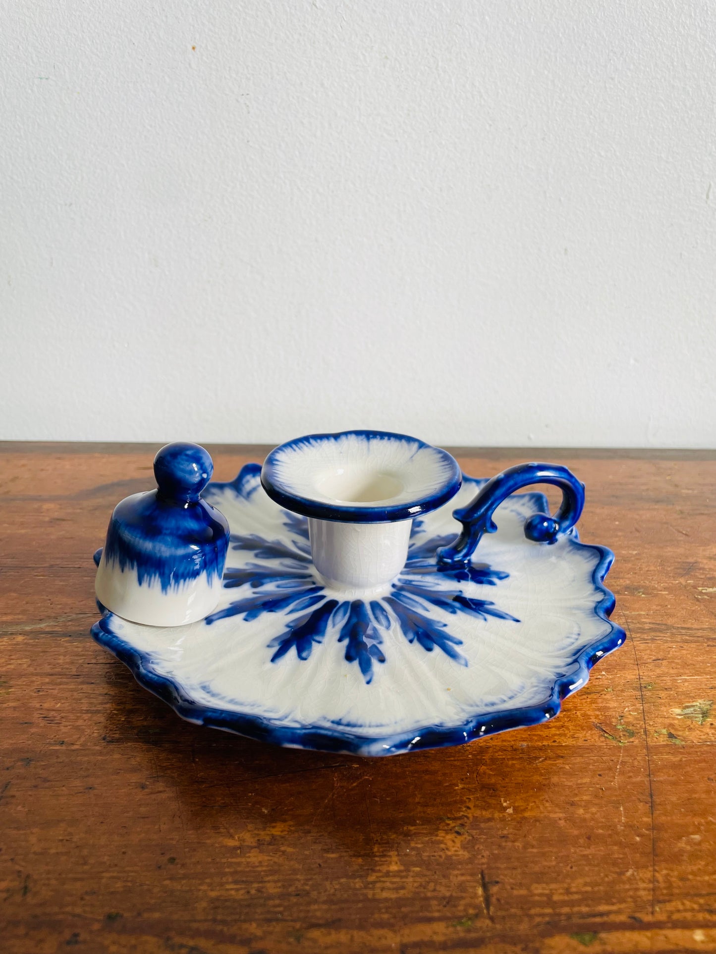 Vintage Staffordshire England Blue & White Ironstone Chamberstick Candle Holder with Snuffer