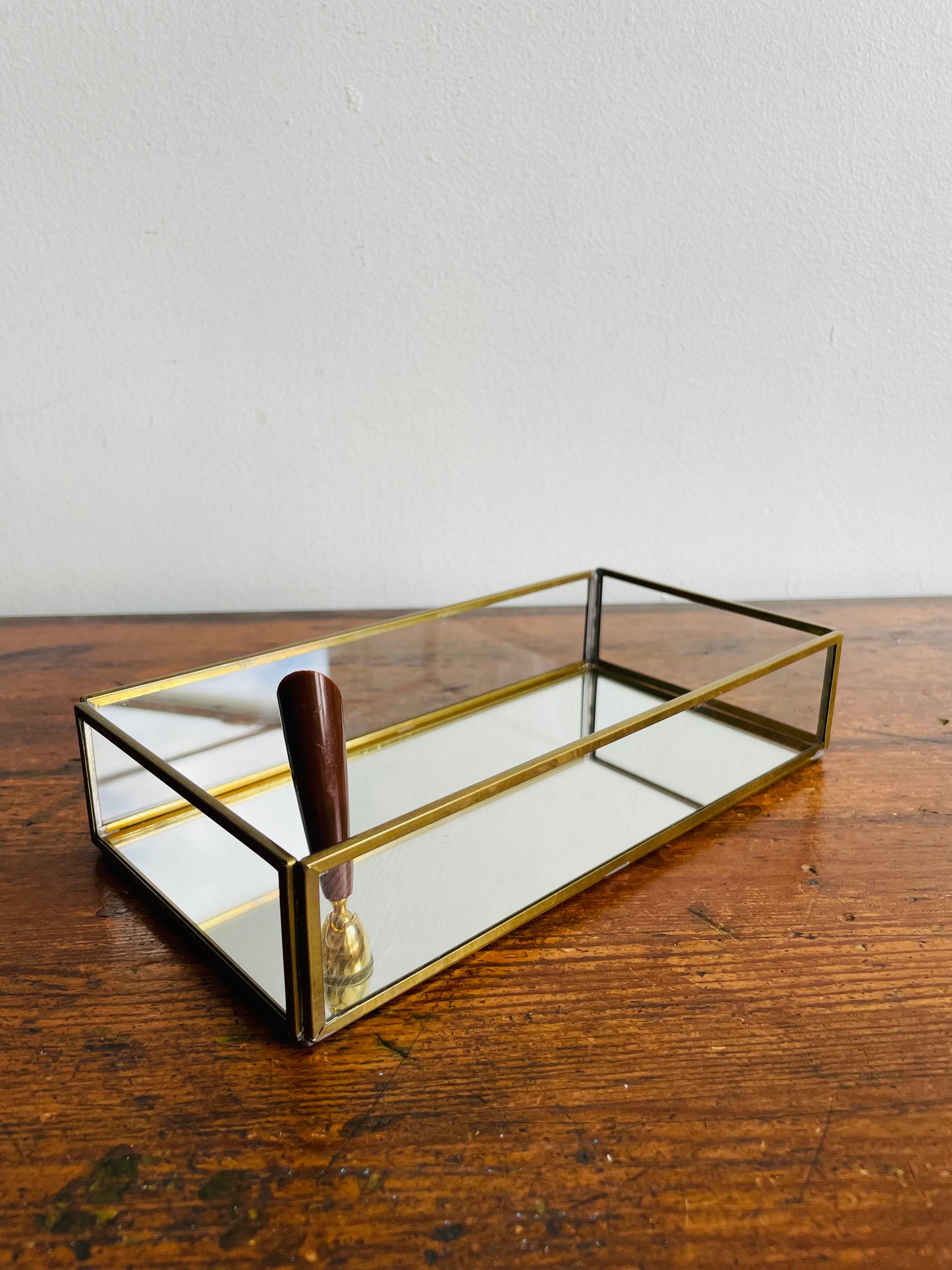 Brass Mirrored Box with Pen Holder - Great for Business Cards, Office Supplies, Etc.