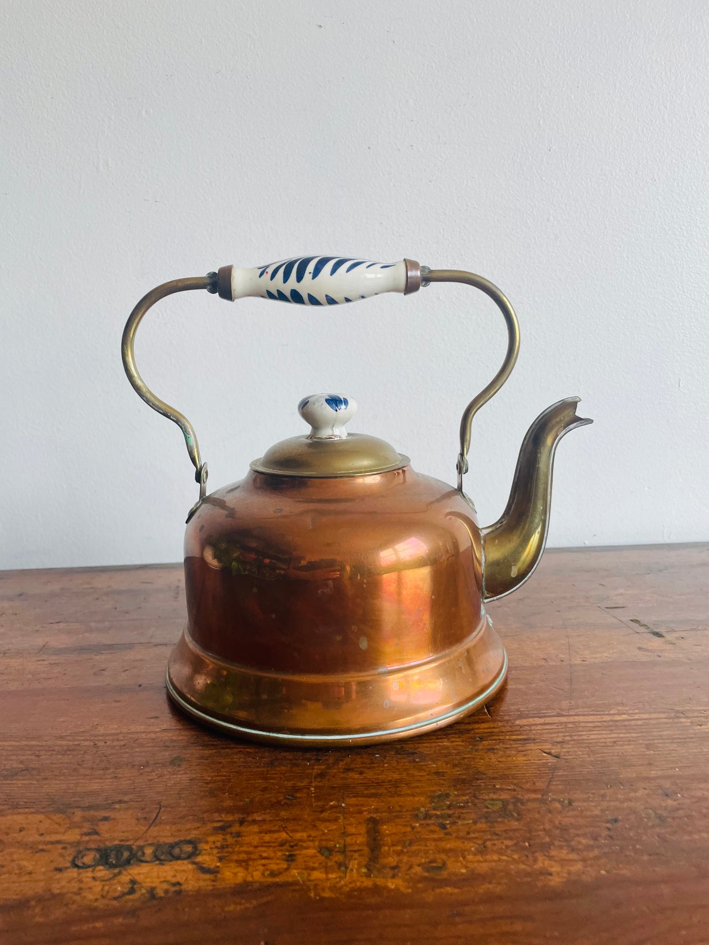 Copper Kettle with Blue & White Ceramic Handle