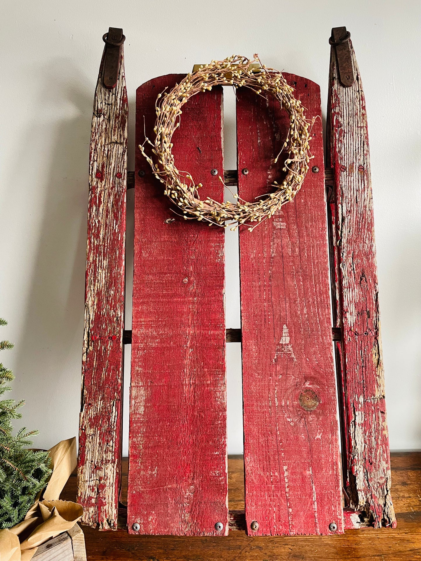 Vintage Rustic & Weathered Chippy Red Sled with Metal Runners & Hardware - Makes Great Porch Decor!
