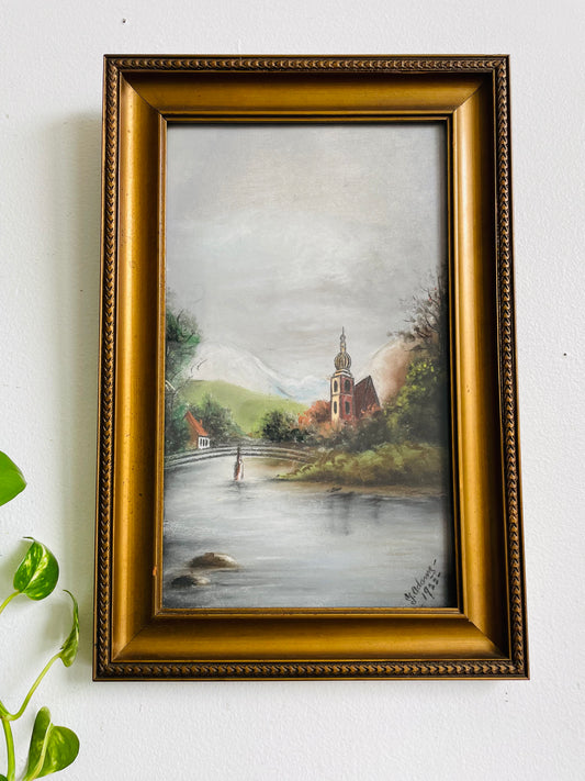 Antique 1922 Original Art Soft Pastel Painting Picture in Gold Frame of European Village Town Beside River & Bridge - Artist Signed