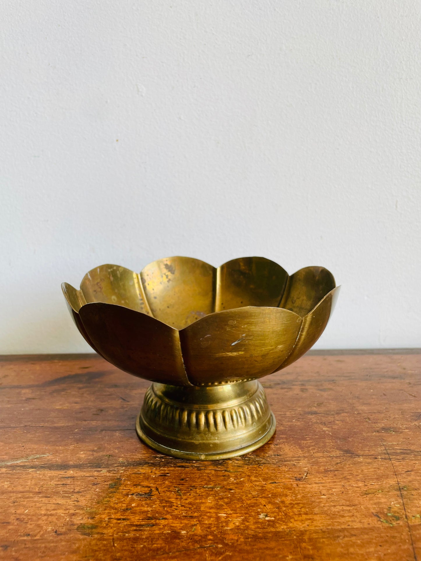 Vintage Brass Pedestal Bowl with Scalloped Rim