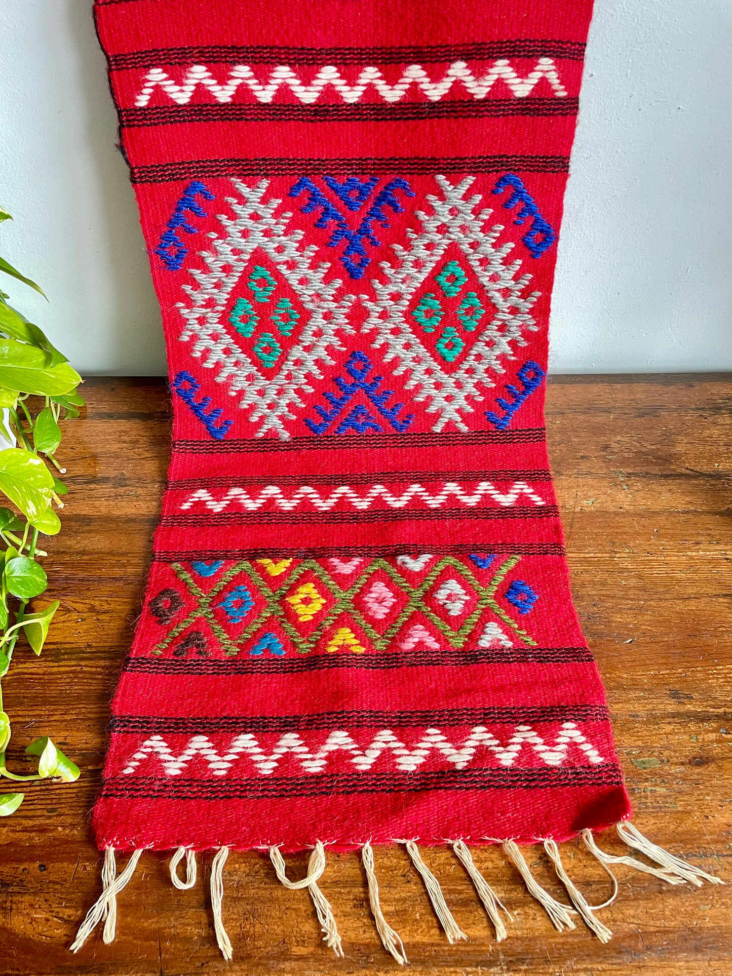 Vintage Hand Knotted Red Wool Table Runner or Narrow Rug with Brightly Coloured Geometric Pattern - 3.5 Feet Long