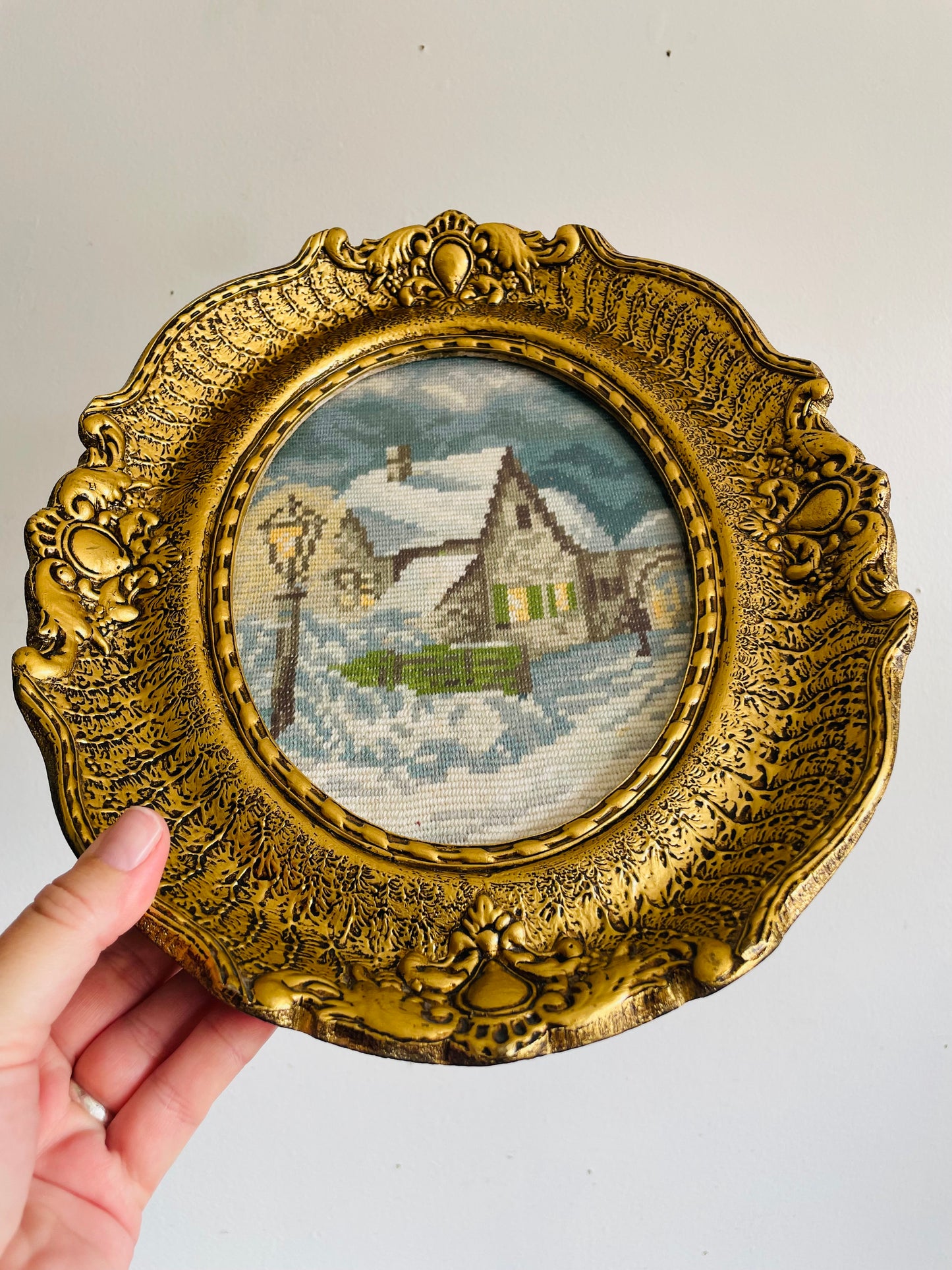 Needlepoint Embroidery Picture of Winter Night & House Scene in Ornate Gold Frame
