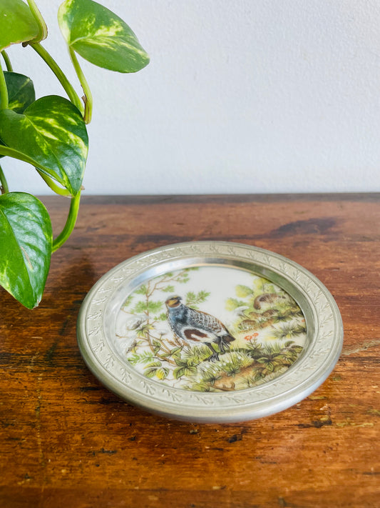 Vintage Kaiser West Germany Porcelain & Pewter Coaster, Trinket Dish, or Wall Hanging Picture with Quail Bird Design - Includes Optional Wall Hanging Hook