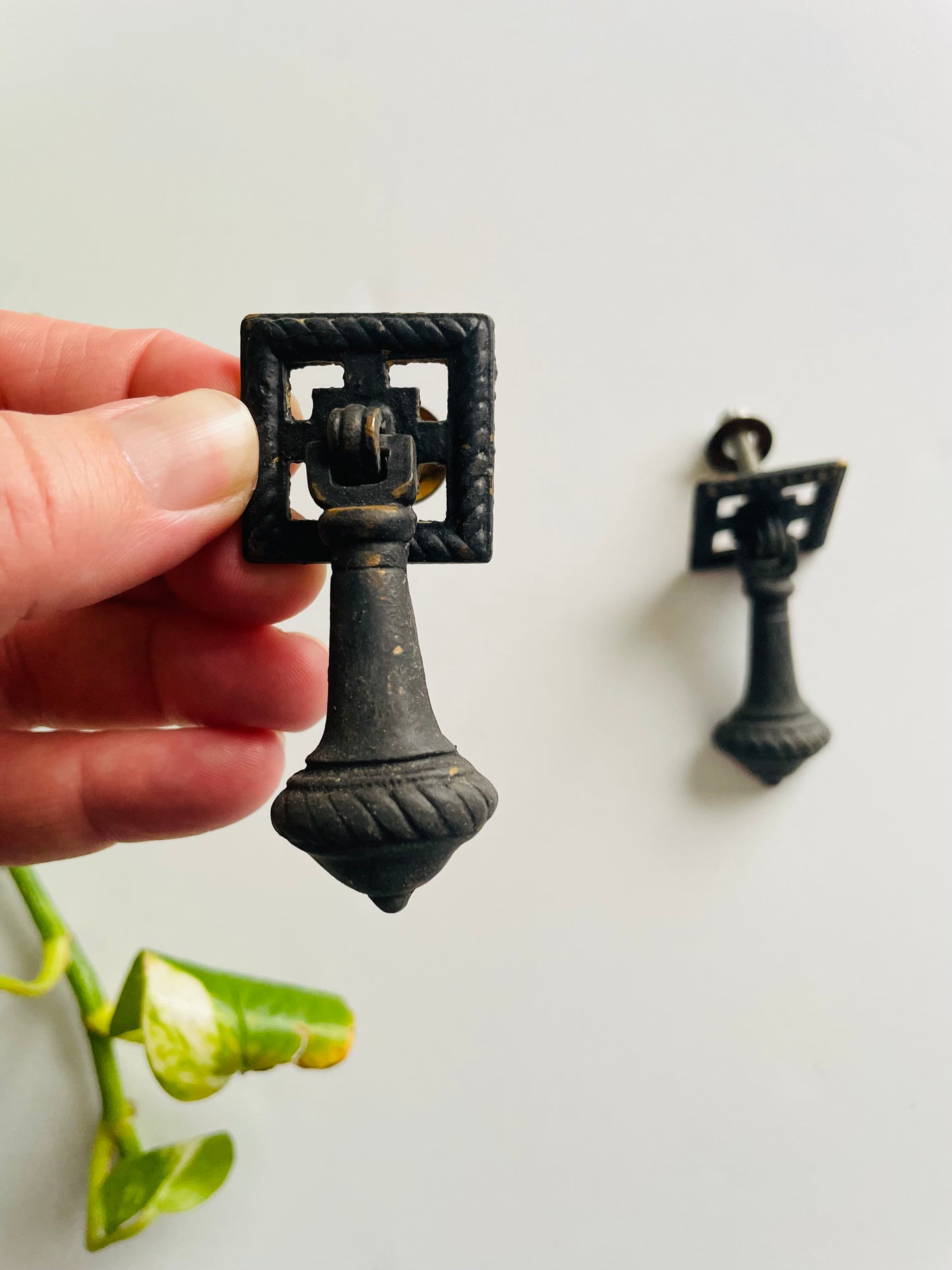 Antique Black Painted Brass Drawer Pull Handles - Set of 2 - As Found