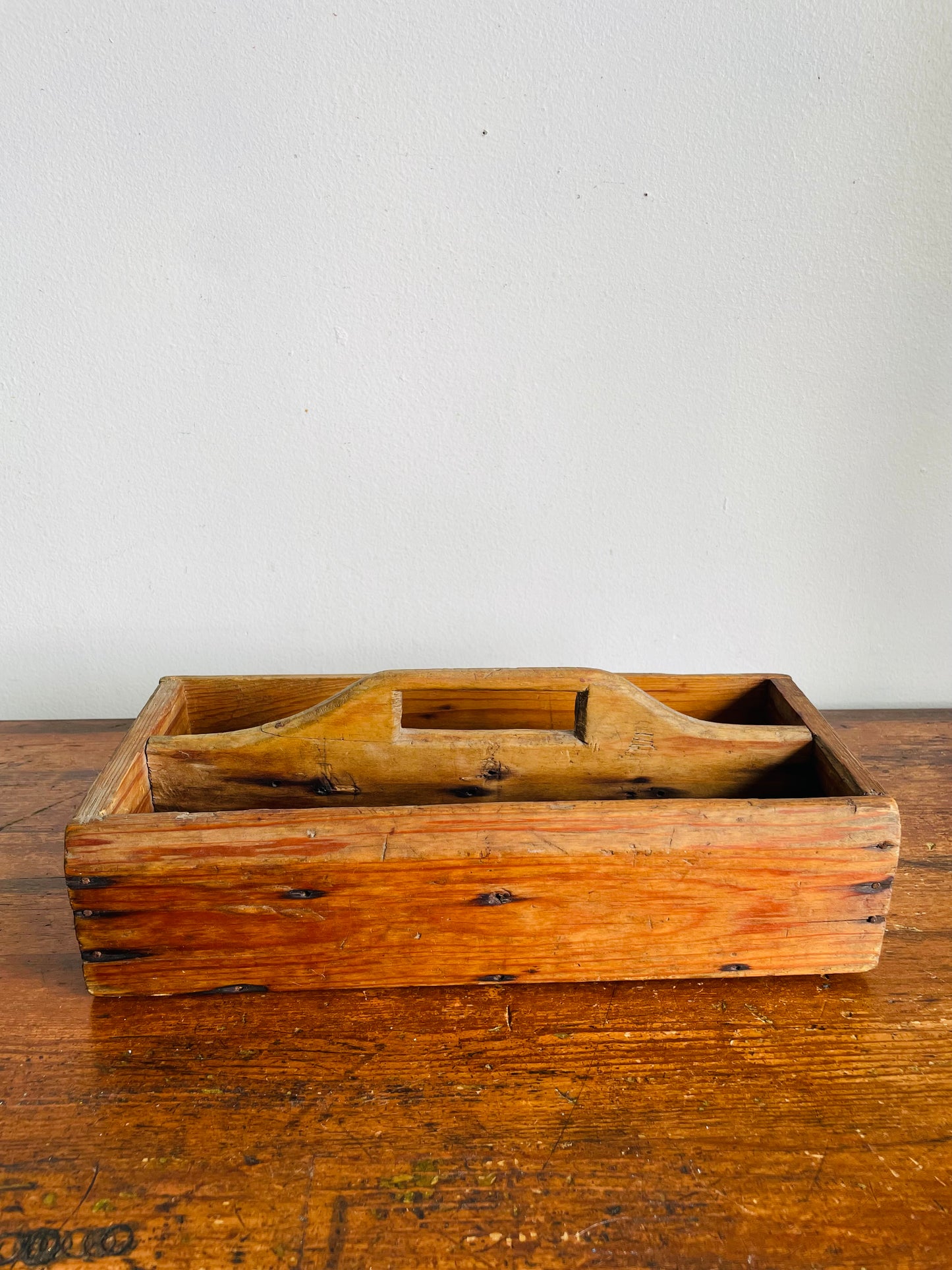 Vintage Divided Wood Caddy Crate Tray Box with Handle & Rustic Patina - As-Is