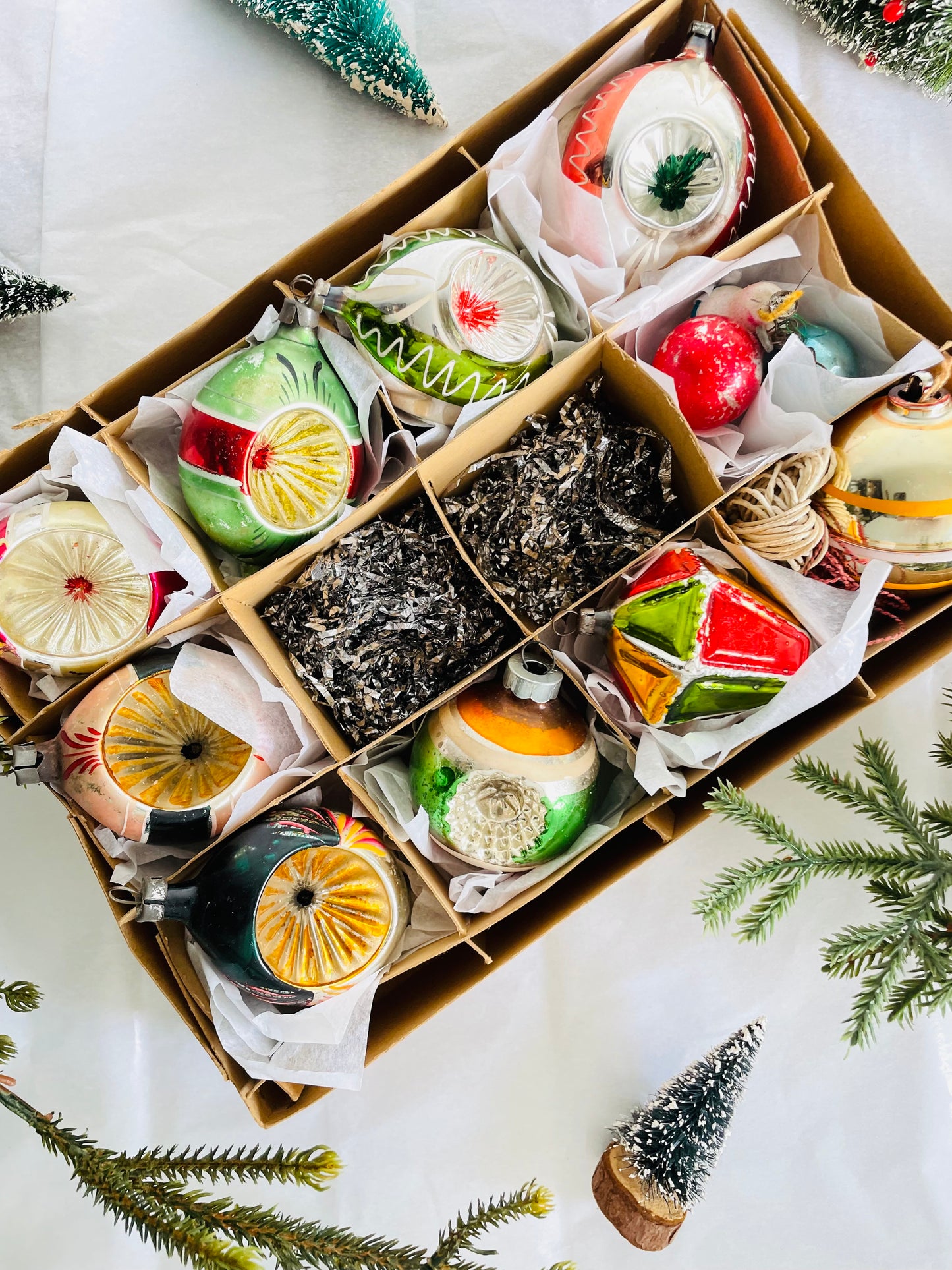 Vintage Collection of Mixed Glass & Indent Ornaments & Silver Tinsel in Divided Box #2 - Set of 10