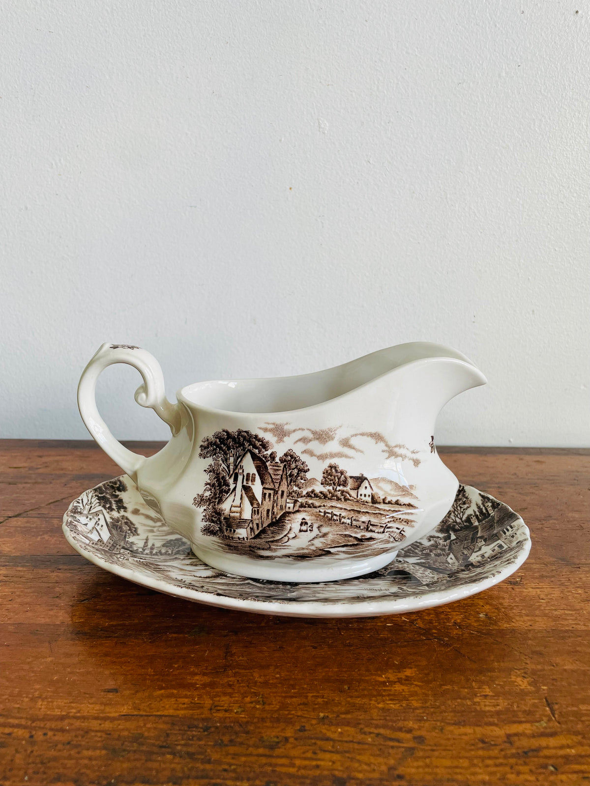 Vintage Ridgway Staffordshire England "Country Days" Brown Transferware Pattern Gravy Sauce Boat & Plate