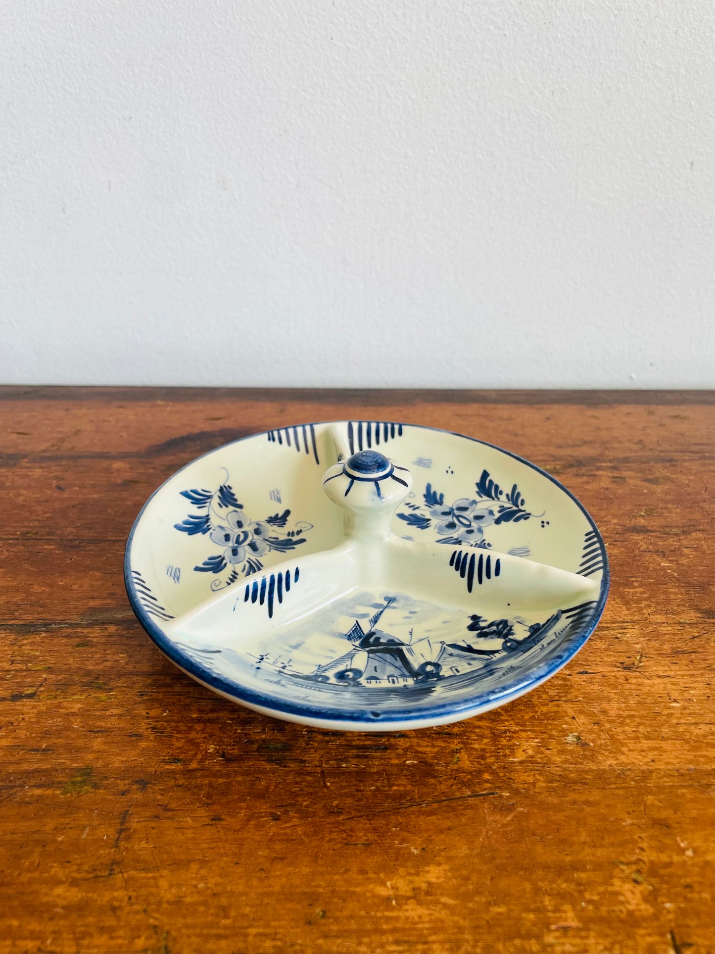 Vintage Delft Blue Hand Painted Divided Trinket Bowl Dish with Handle - Made in Holland