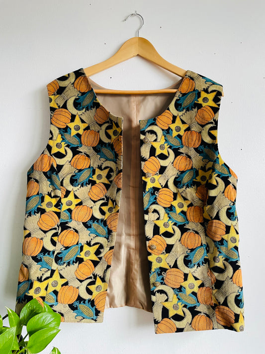 Vintage Autumn / Halloween Season Corduroy Vest with Fall Scene of Hay, Corn, Stars, Moons & Pumpkins