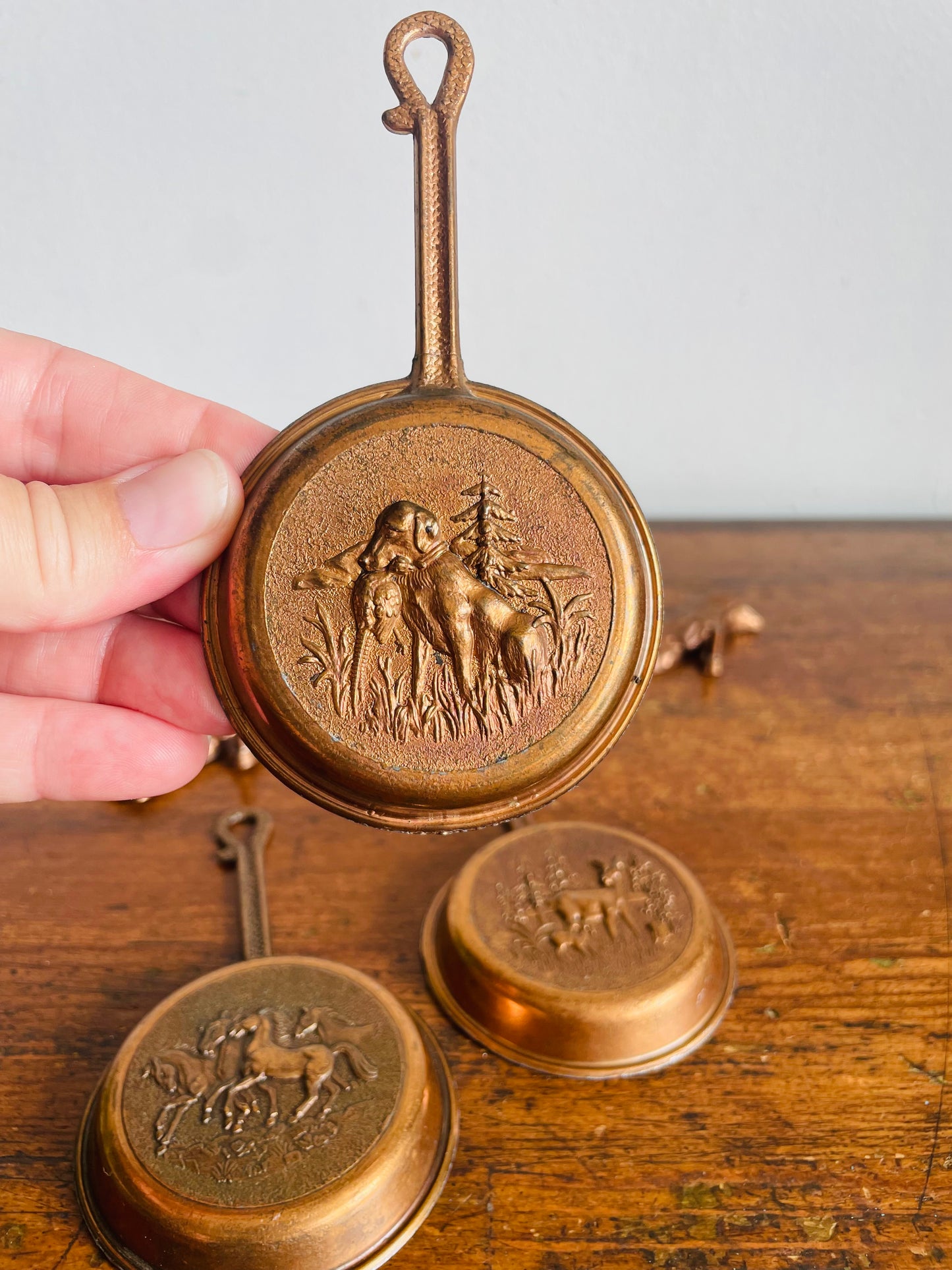 Vintage Miniature Hanging Copper Pans on Branch Hanger with Embossed Animal & Nature Images