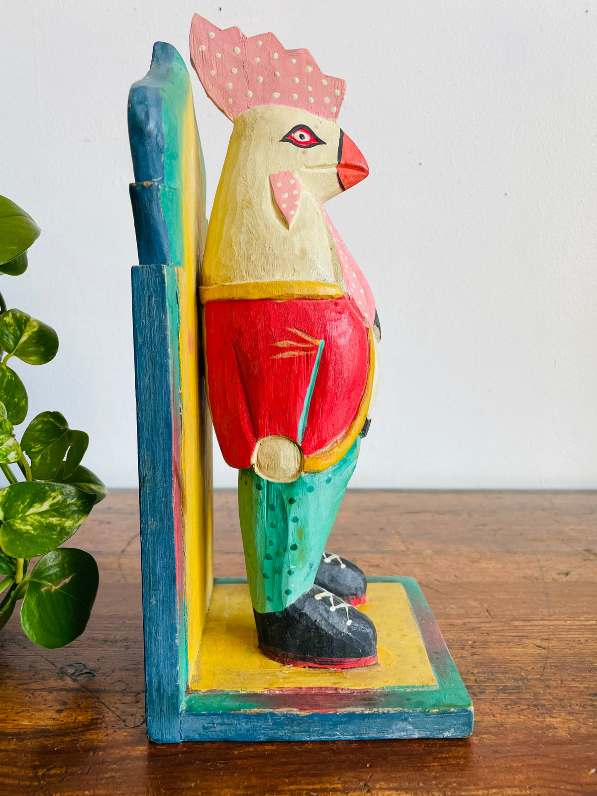 Vintage Bright & Fun Carved Wood Distinguished Gentleman Rooster in Fancy Clothing Giant Bookend or Statue - Whimsical Home Decor