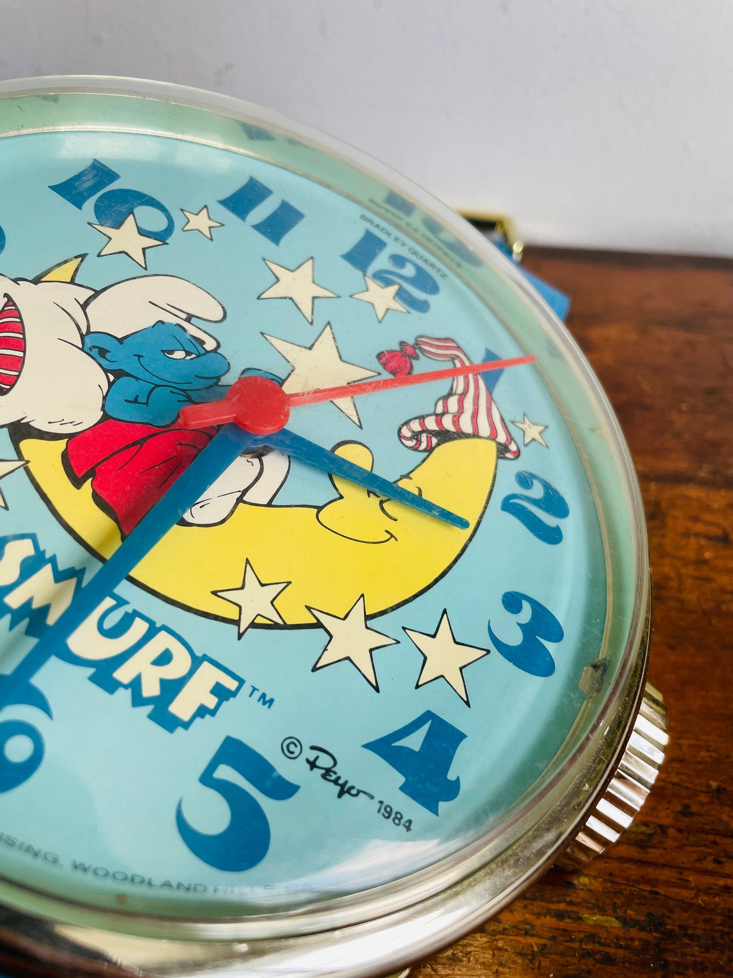 Vintage 1984 Bedtime Smurf on the Moon Giant Watch Wall Clock - Bradley Time Division - Requires 1 AA Battery (Not Included) - Tested / Works!