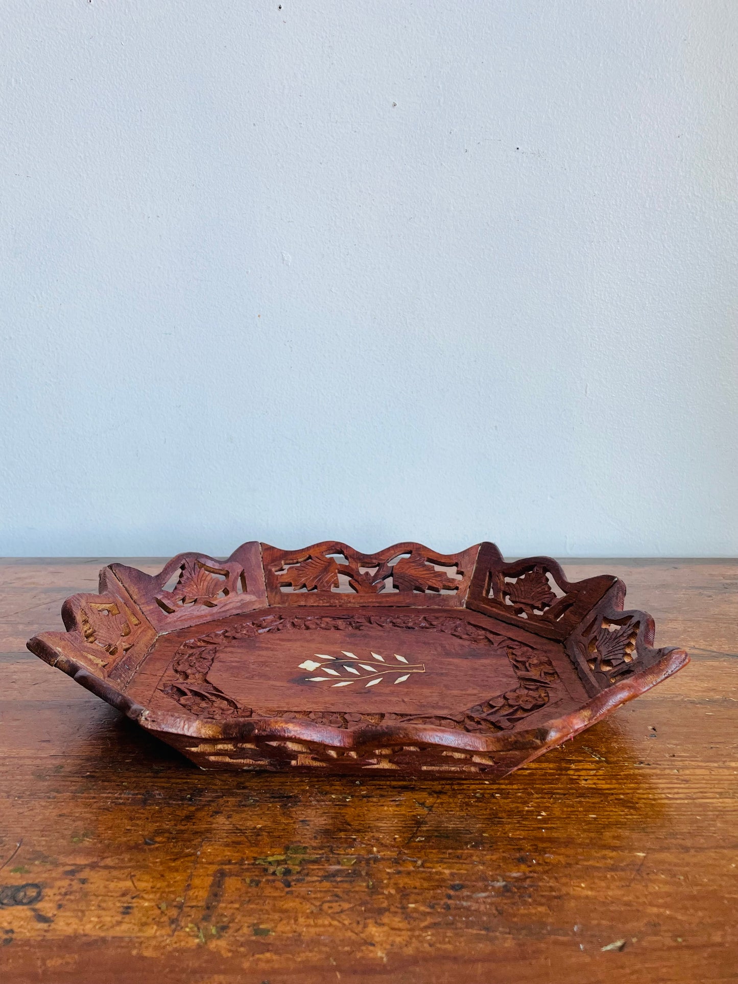 Vintage Carved Indian Rosewood Tray Dish with Inlay Design - Vanity, Bathroom, Jewellery, Candle, Etc.