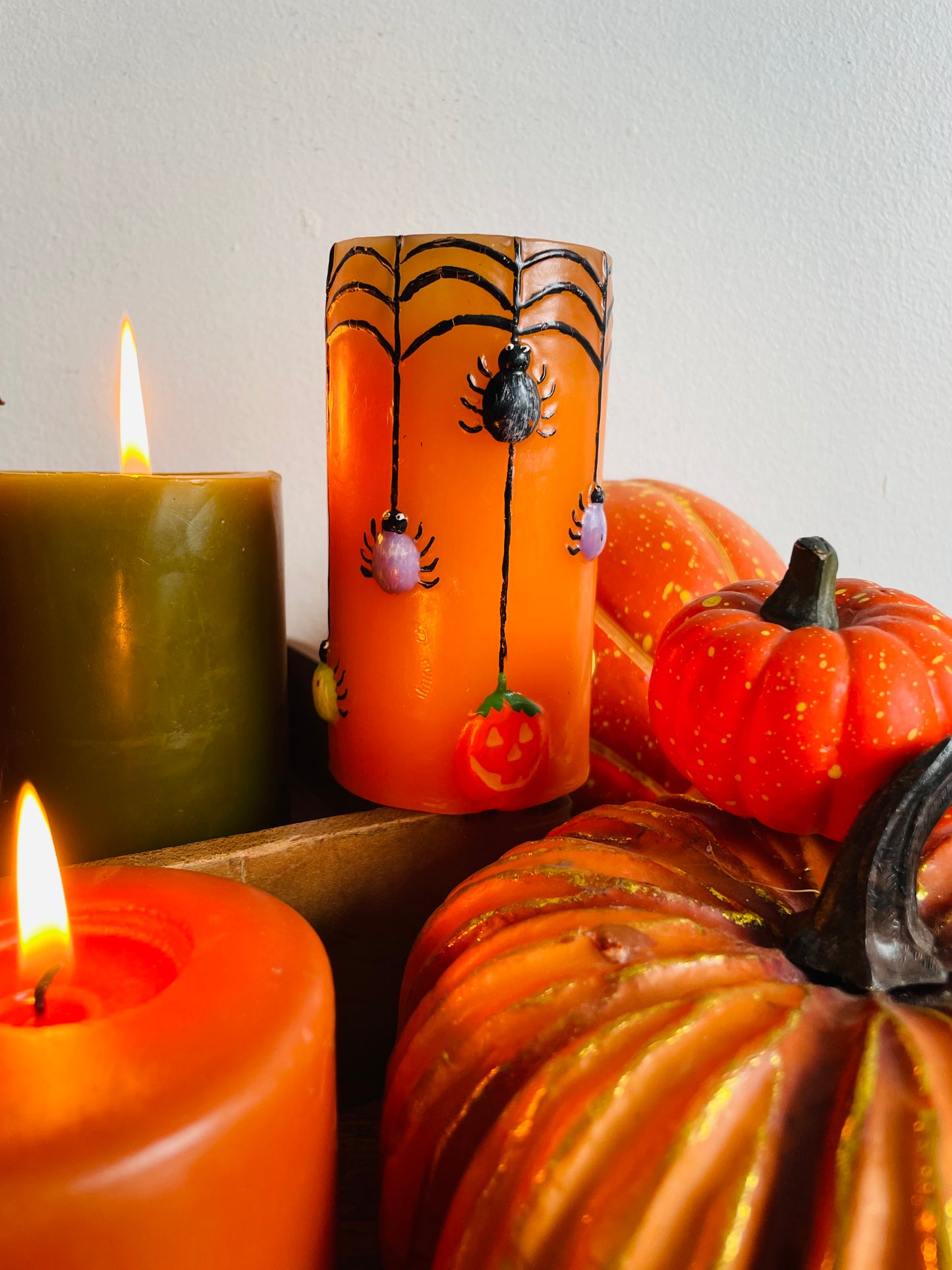 Orange Halloween Candle with Spiders, Web & Jack-o-Lanterns