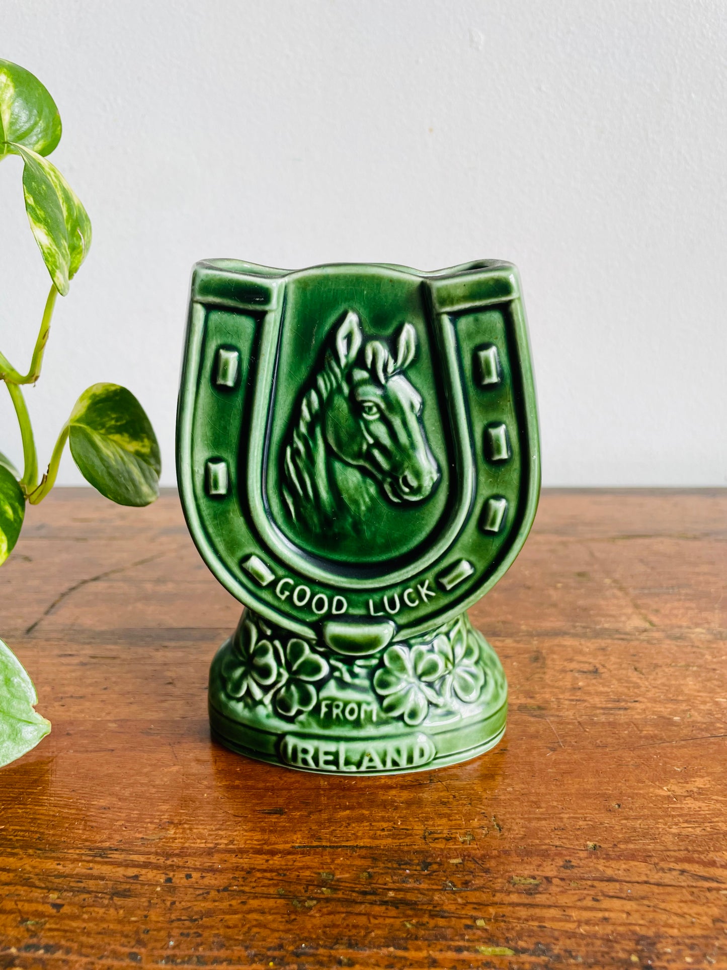 Vintage Green Sylvac 4110 Good Luck From Ireland Vase, Match, or Incense Holder with Horseshoe Horse Equestrian Design #2 - Made in England