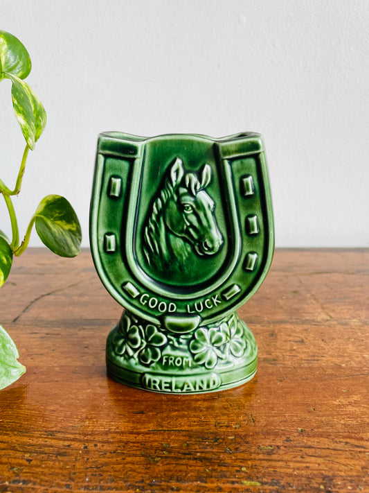 Vintage Green Sylvac 4110 Good Luck From Ireland Vase, Match, or Incense Holder with Horseshoe Horse Equestrian Design #2 - Made in England