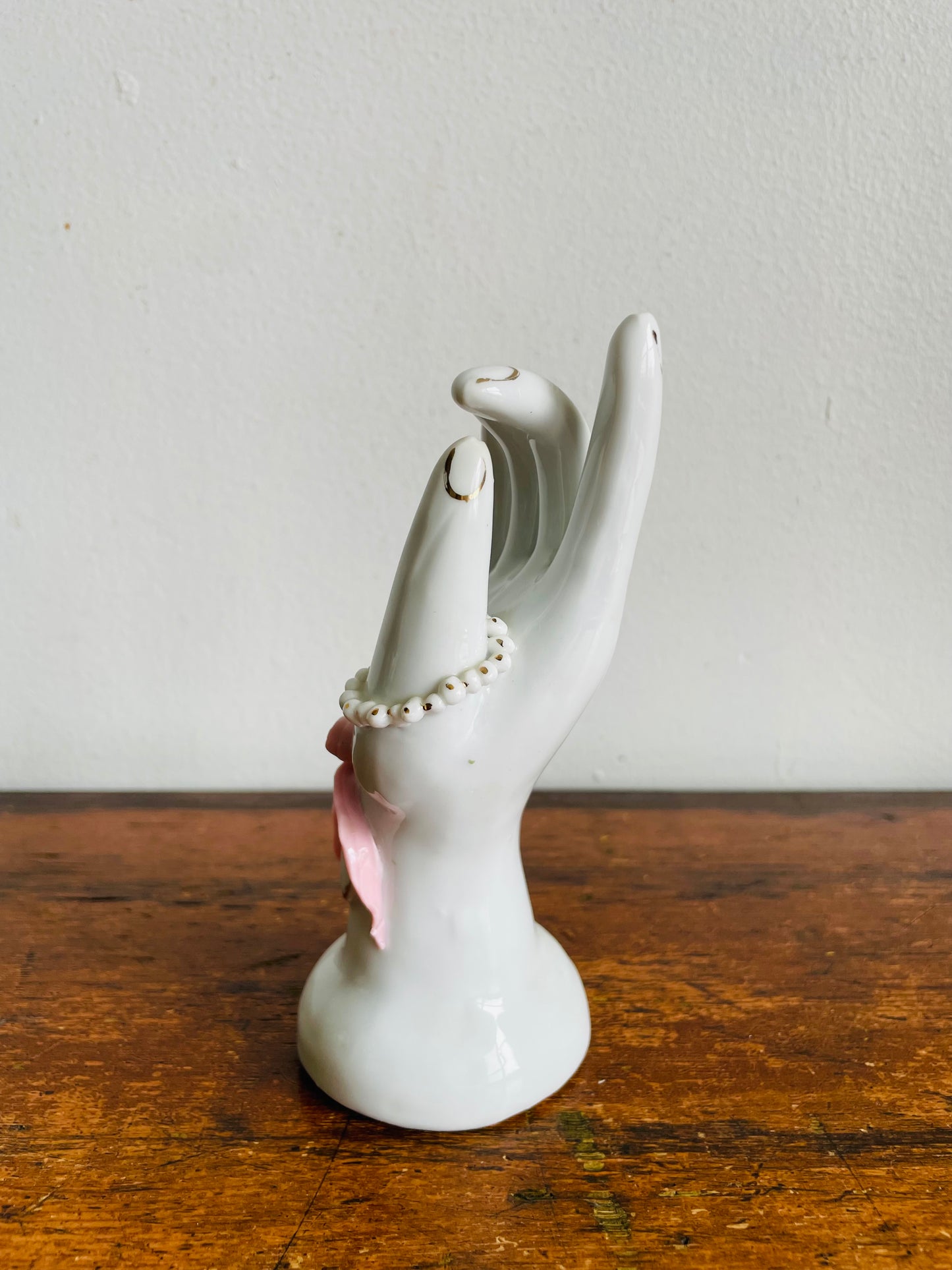 Vintage Porcelain White Hand Bud Vase with Pink Bow & Heart Design