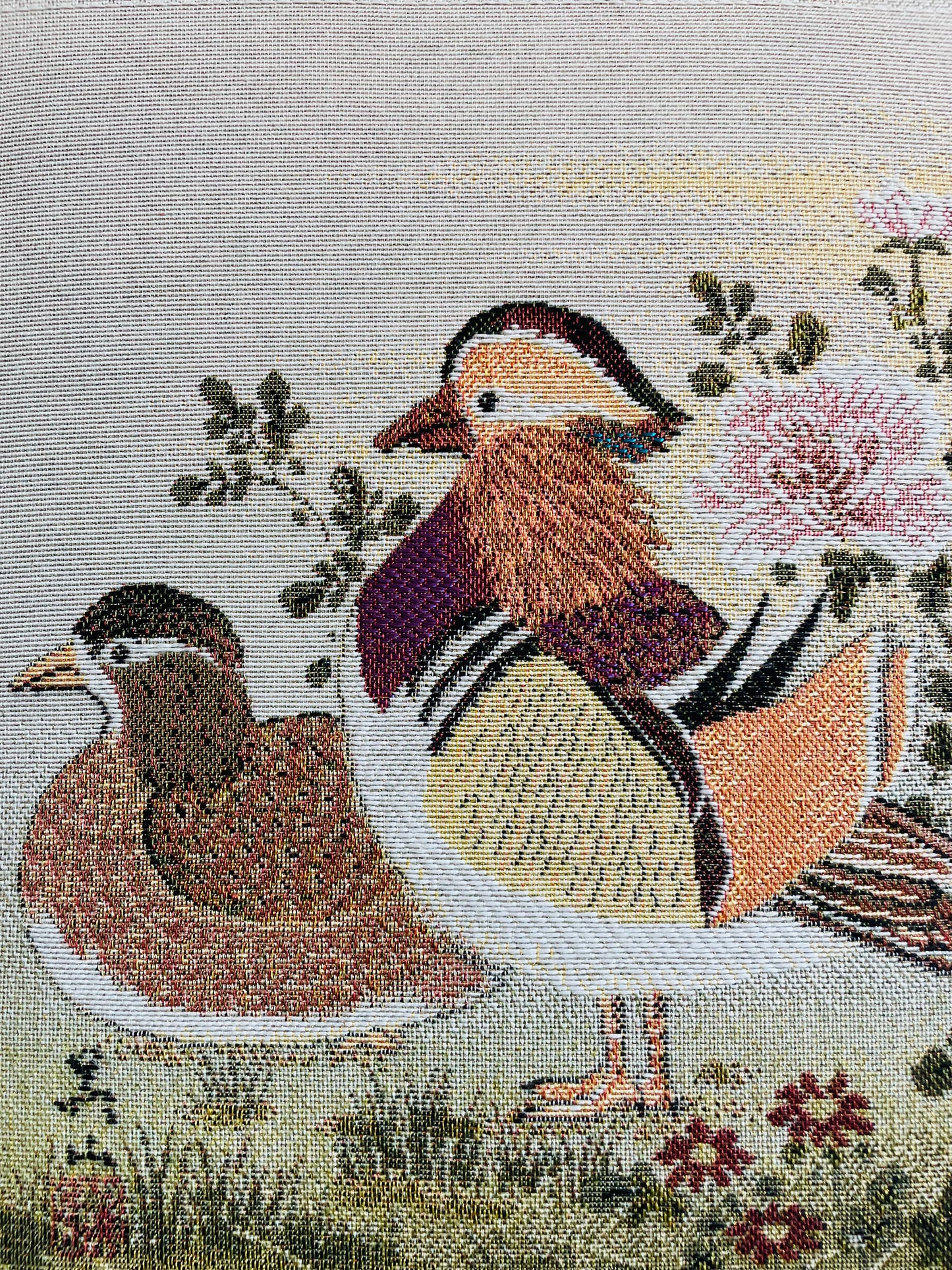 Vintage Framed Stuffed Tapestry Fabric Picture of Mandarin Duck Birds