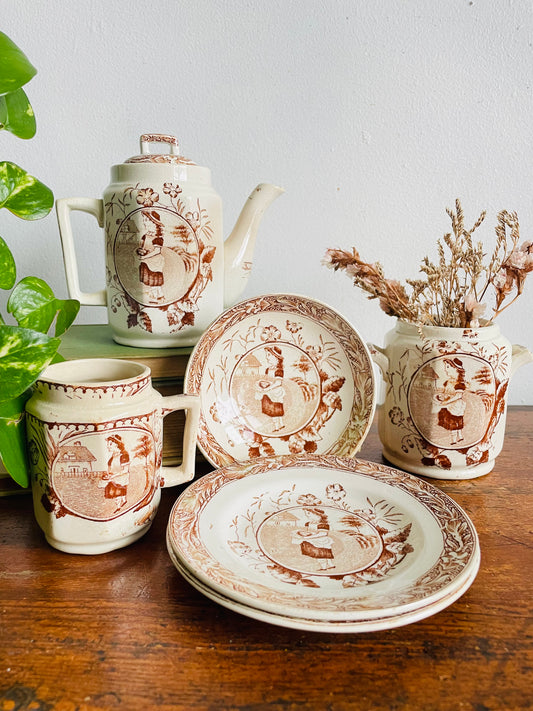Antique Late Victorian 1880-1890 "Little May / Mae" Pattern 753 Sepia Brown Transferware Children's Toy Tea Set - Charles Allerton & Sons England - Plates, Bowl, Creamer, Biscuit Jar & Teapot - Set of 6 Pieces