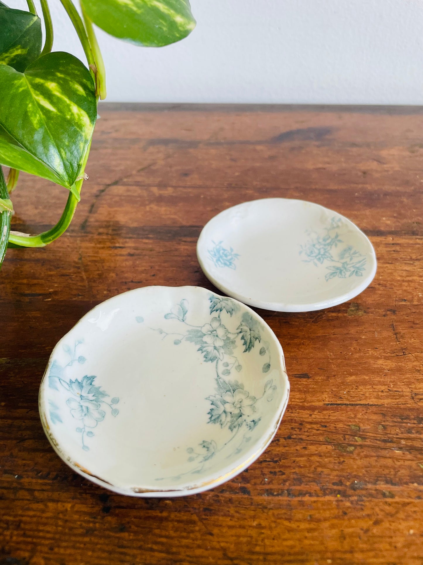 Vintage Miniature White Butter Pat Dishes with Blue Floral Design - Made in England - Set of 2