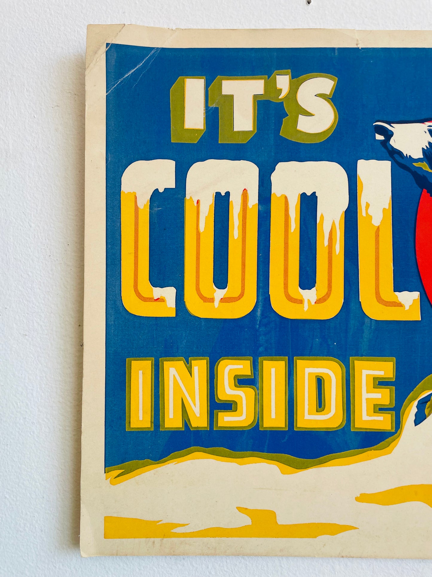 Vintage It's Cool Inside Shop Window Advertising Marketing Sign - Polar Bear with Snow - From When Air Conditioning Was a New Novelty in Shops