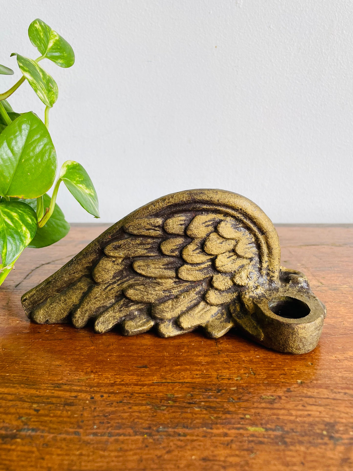 Vintage Solid & Heavy Gold Cast Iron Angel Wing Candle Holder