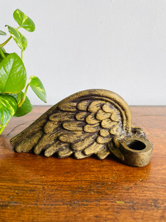 Vintage Solid & Heavy Gold Cast Iron Angel Wing Candle Holder