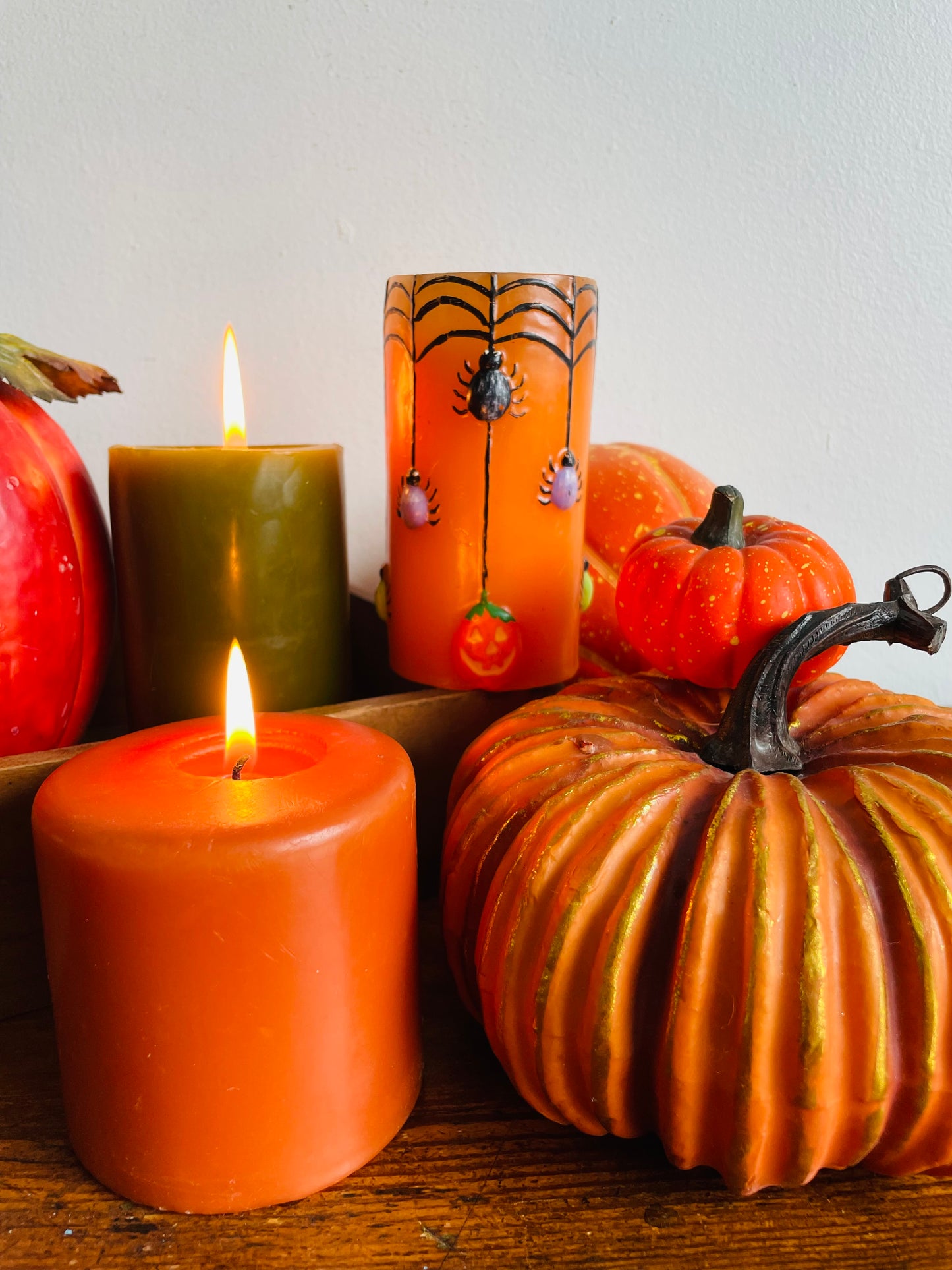 Orange Halloween Candle with Spiders, Web & Jack-o-Lanterns