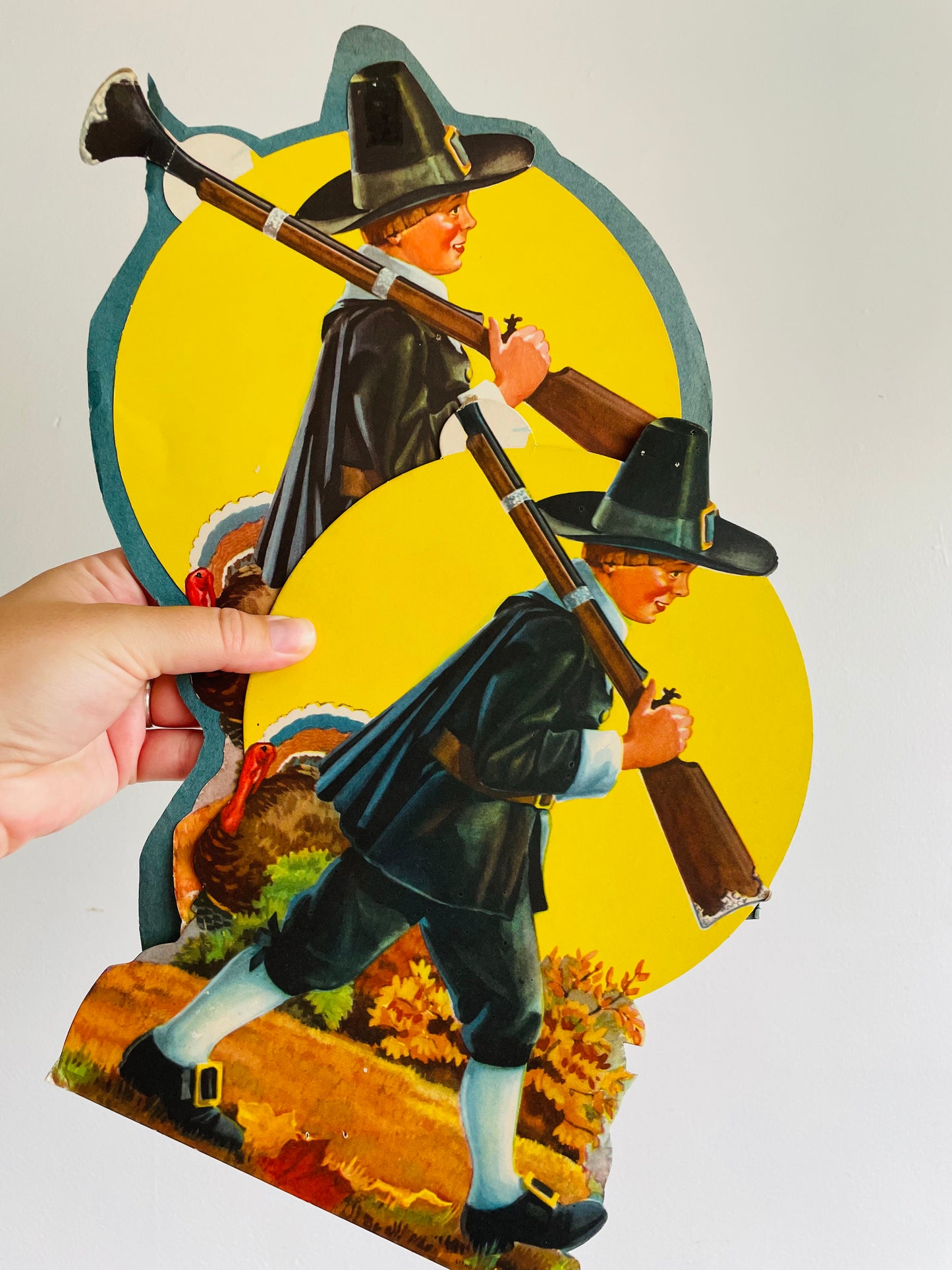 Vintage Thanksgiving Cardboard Cutouts - Pilgrim Boys - Set of 2