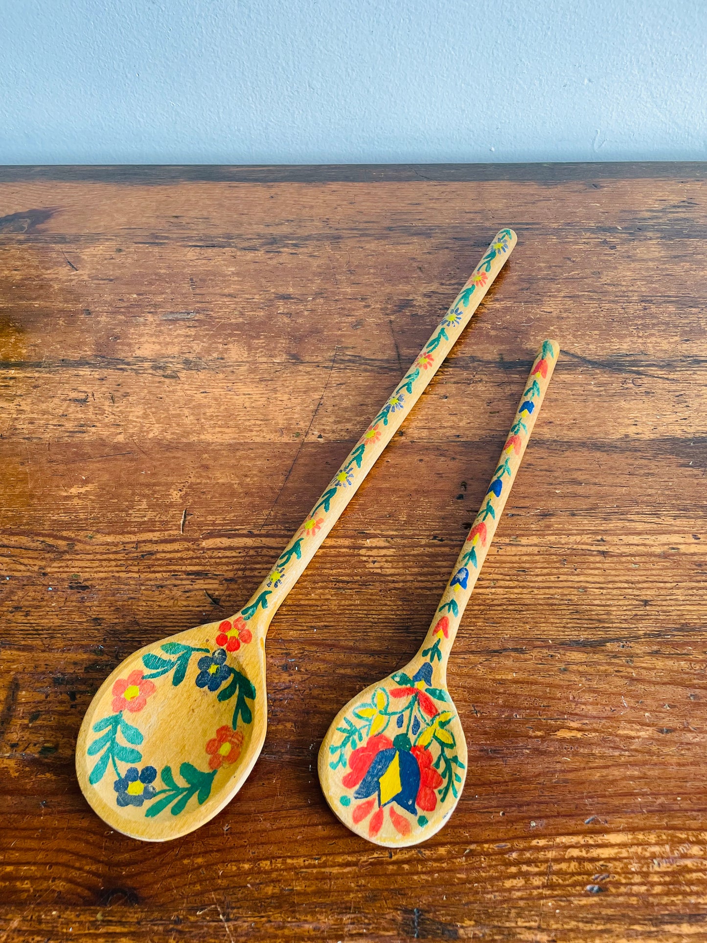 Hand Painted Wooden Spoons with Folk Art Flower Design - Set of 2