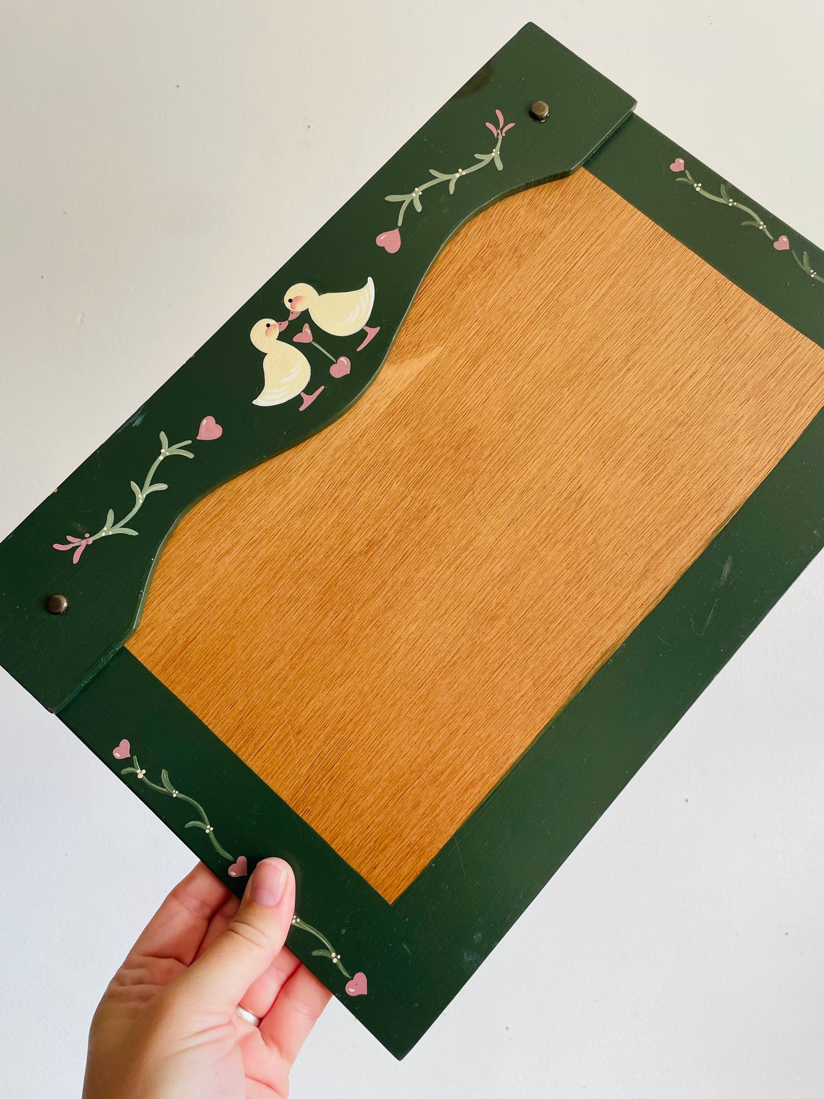 Vintage 1988 Hand Painted Folk Art Calendar, Sign, or Memo Board Wood Wall Hanging Holder - Open Clip Top & Insert Papers with Duck & Heart Design