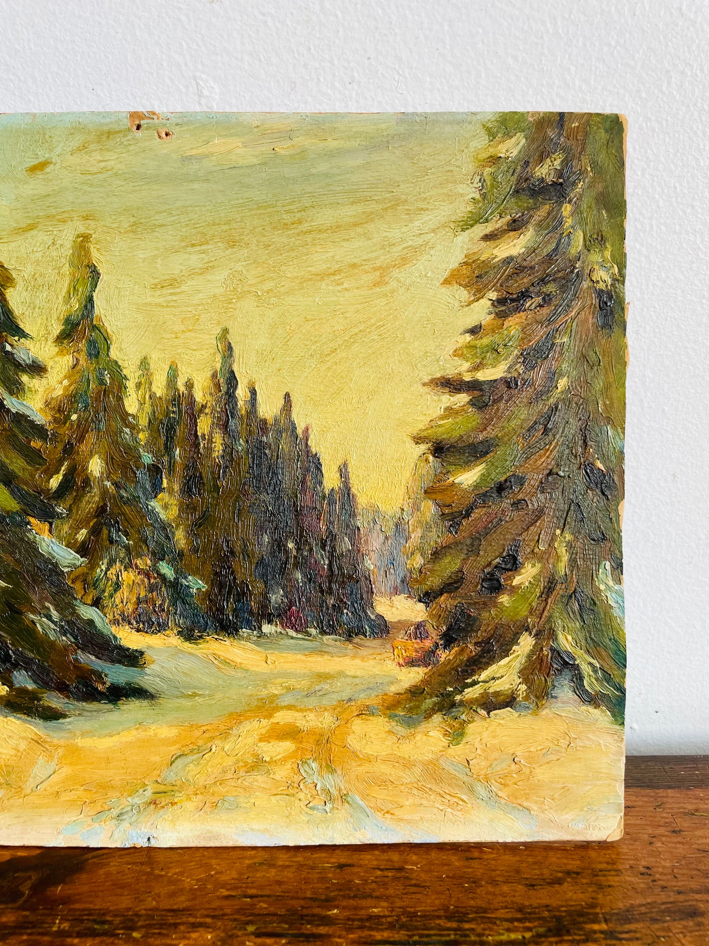 Antique Original Art Painting of Fir Tree Forest in Winter on Board - Artist Signed - Purchased from Great-Nephew of Artist in Haliburton, ON