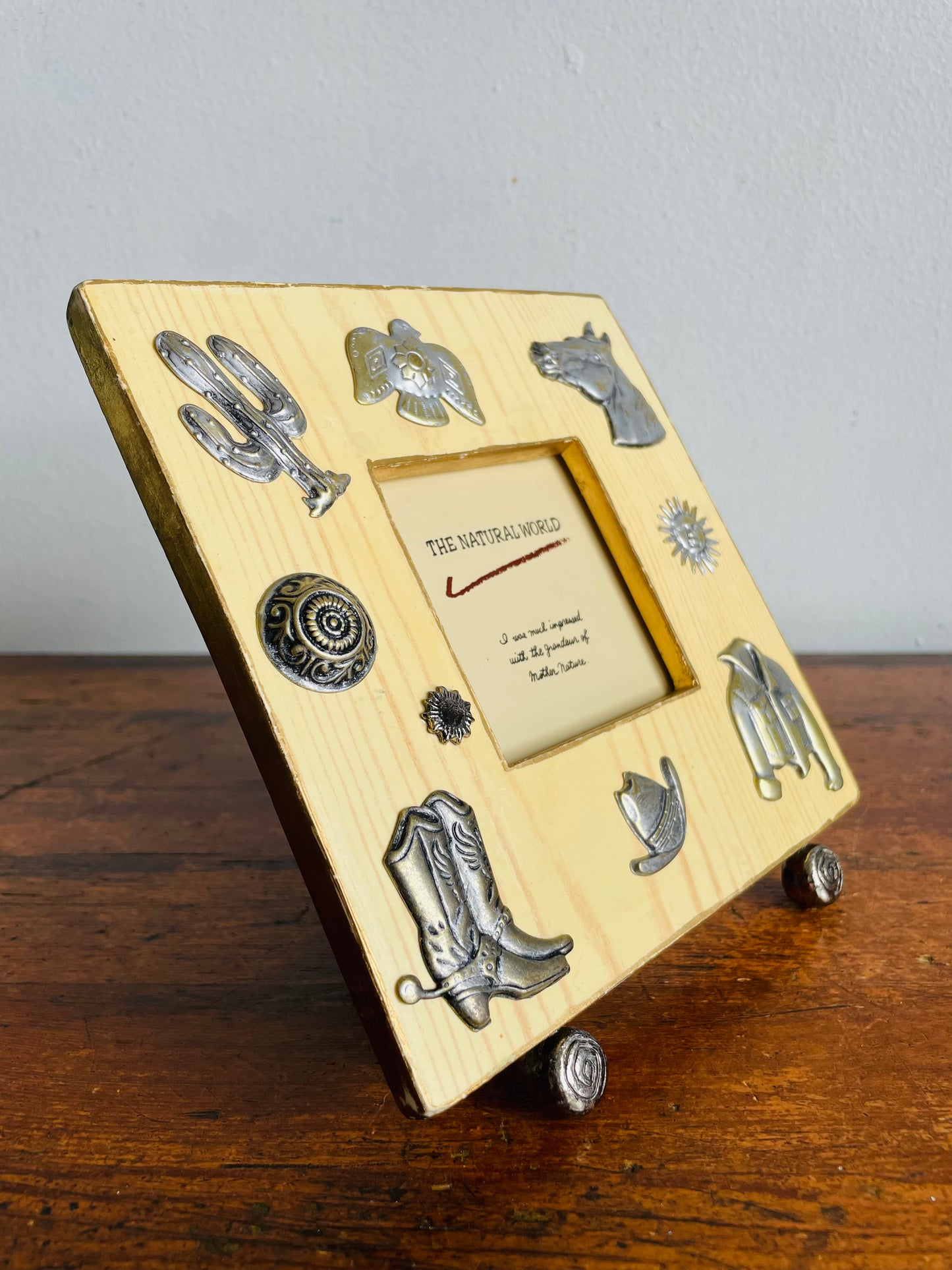 Vintage Western Cowboy Equestrian Themed Picture Frame with Silver Boot, Hat, Jacket, Horse, Cactus & Bird Details - Easel Backing - The Natural World - Made in Thailand - 2.5" x 2.5" Photo Size
