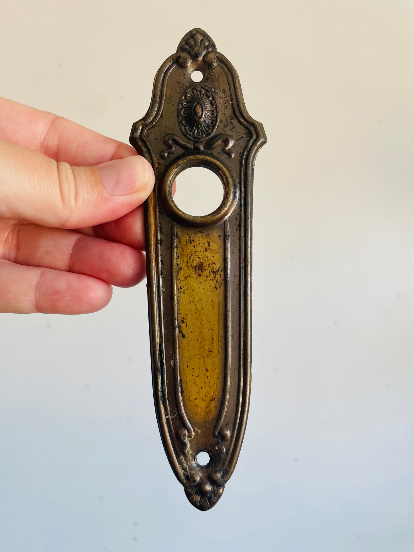 Antique Early 1900s "Landsdowne" Metal Escutcheon Doorplate by Sargent with Lighter Patina - Architectural Salvage - As Found