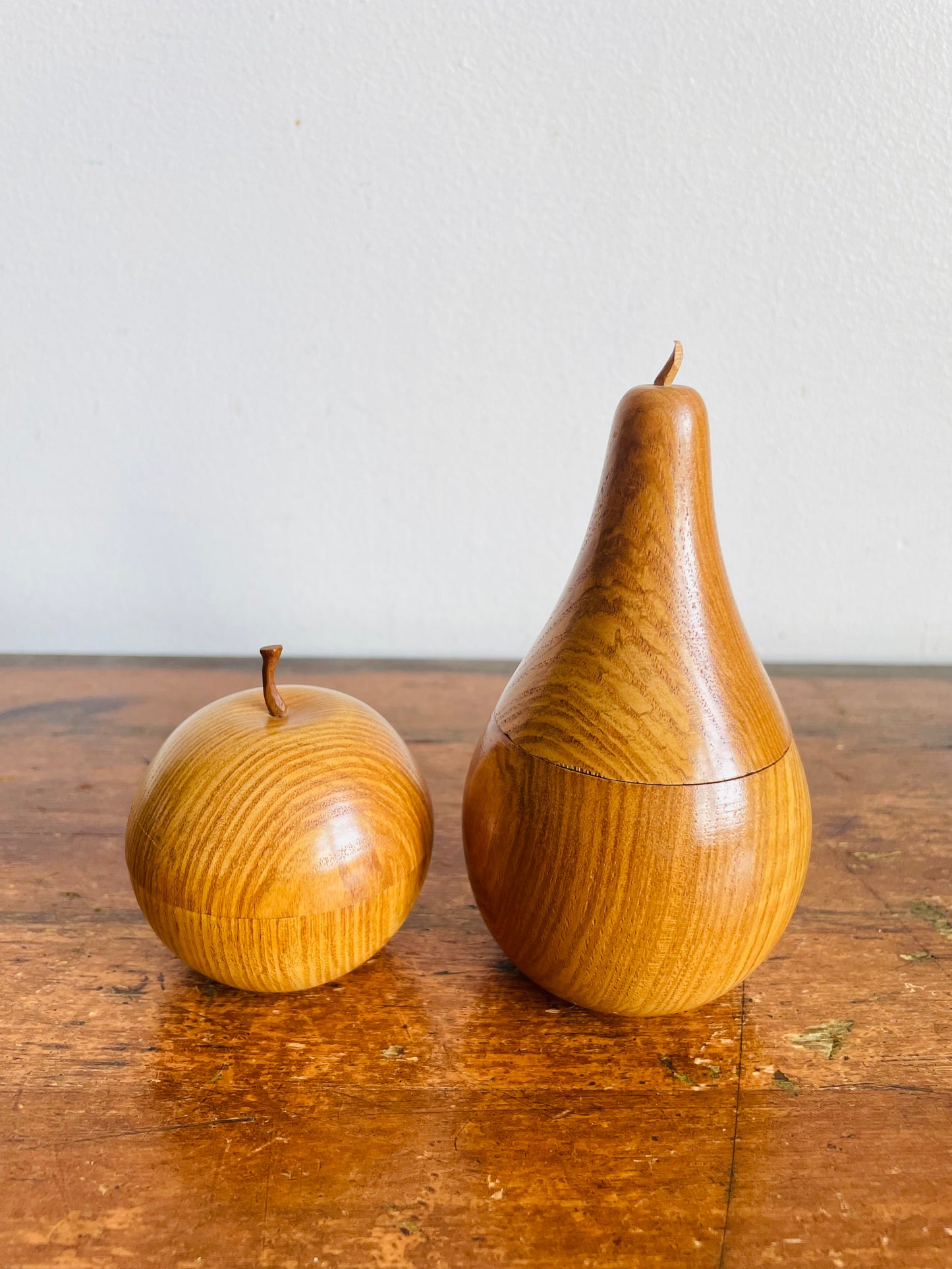 Vintage Carved Wood Pear & Apple Lidded Box Containers - Open Up / Hollow Inside - Set of 2