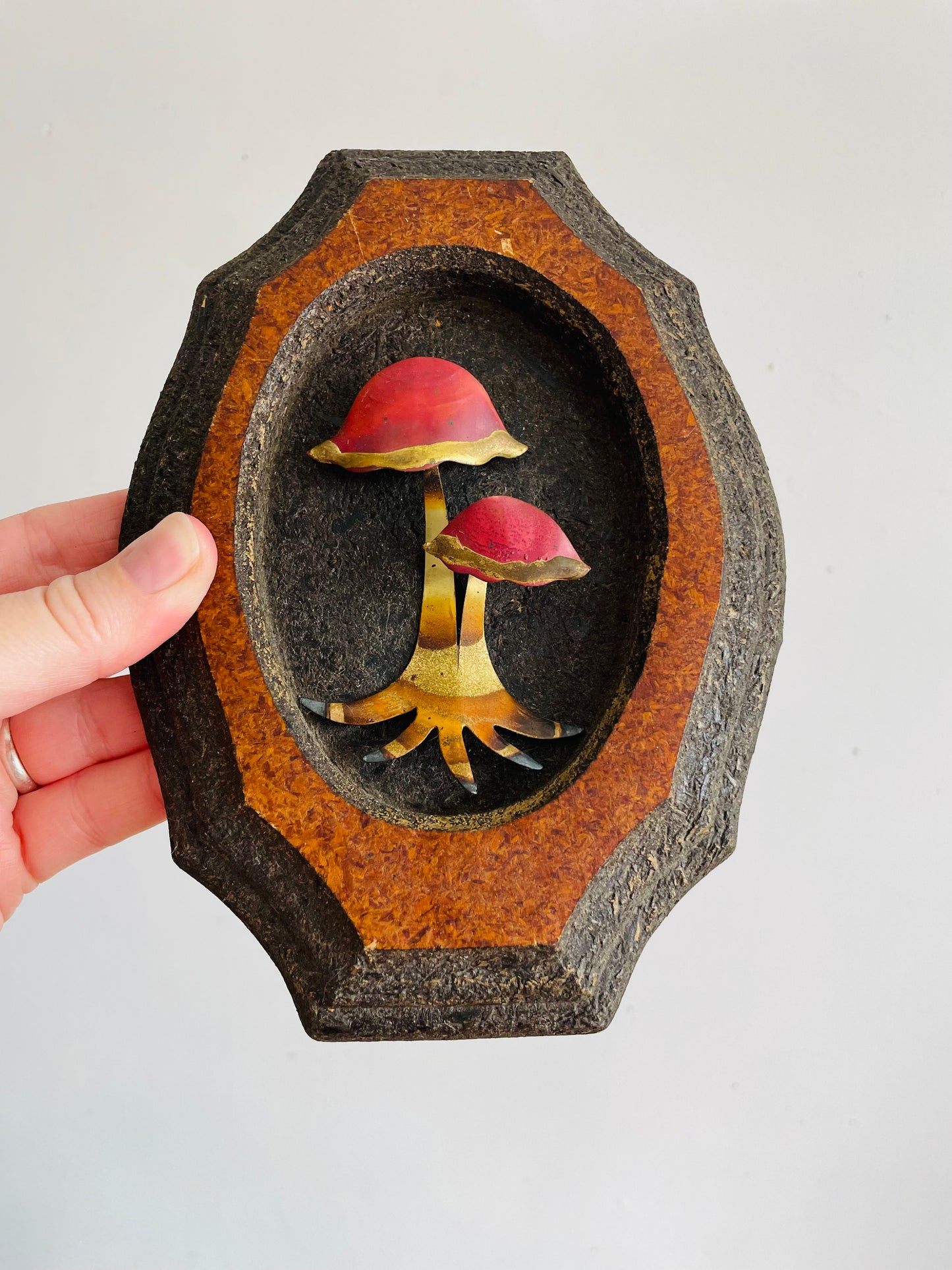 Vintage 1970s MCM Pressed Wood & Brass 3D Mushrooms Wall Hanging Plaque Picture