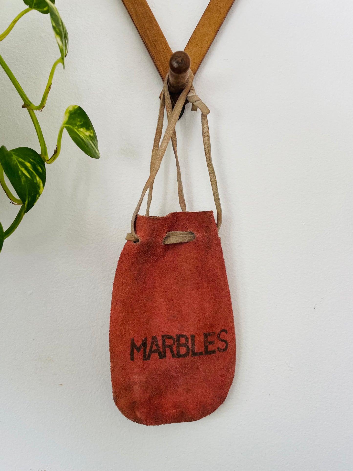 Vintage Faded Red Leather Drawstring Pouch Bag for Marbles