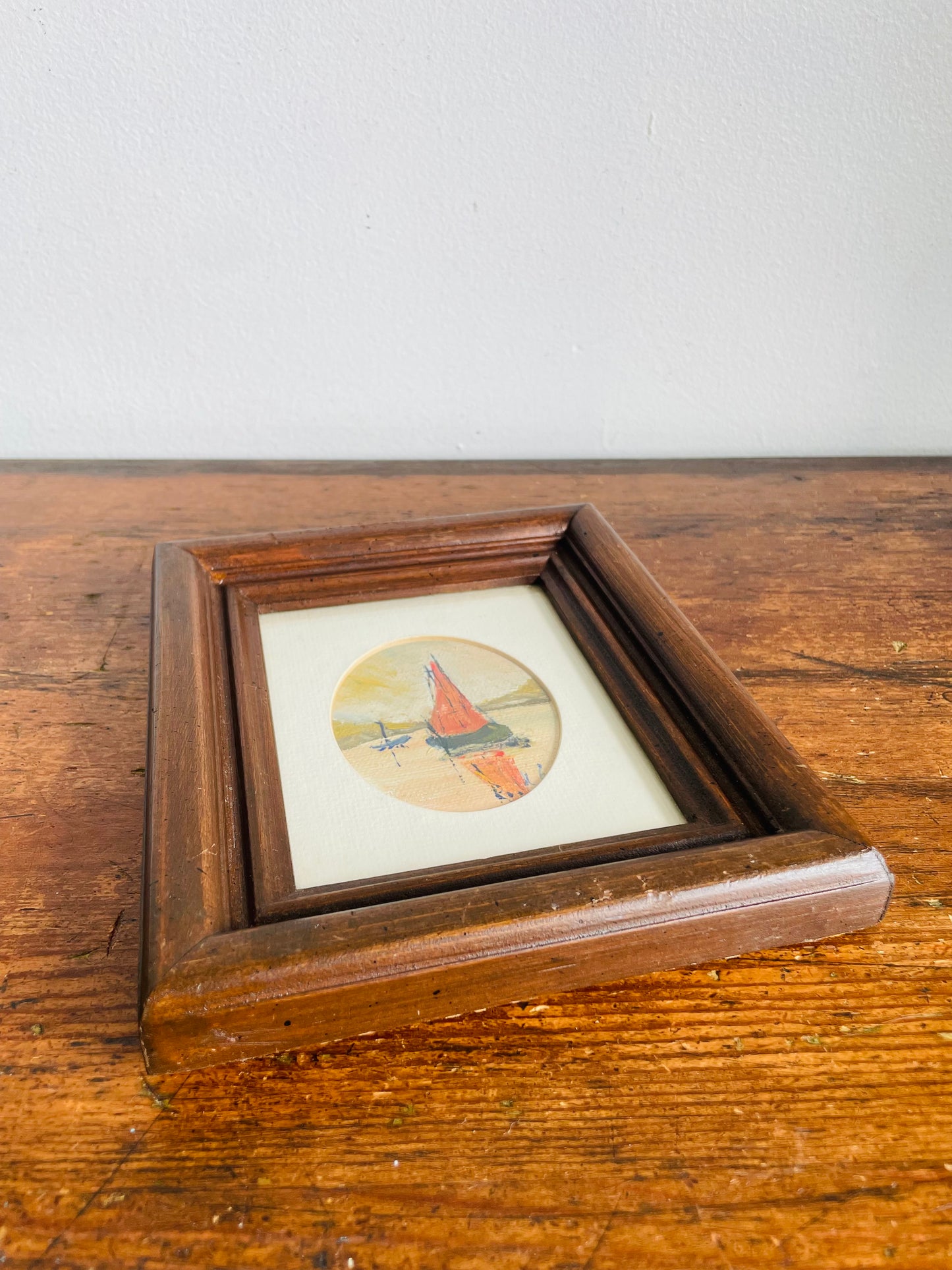 Vintage Original Art Oval Painting Picture of Sailboats on Lake - Painting Found in Venice, Italy