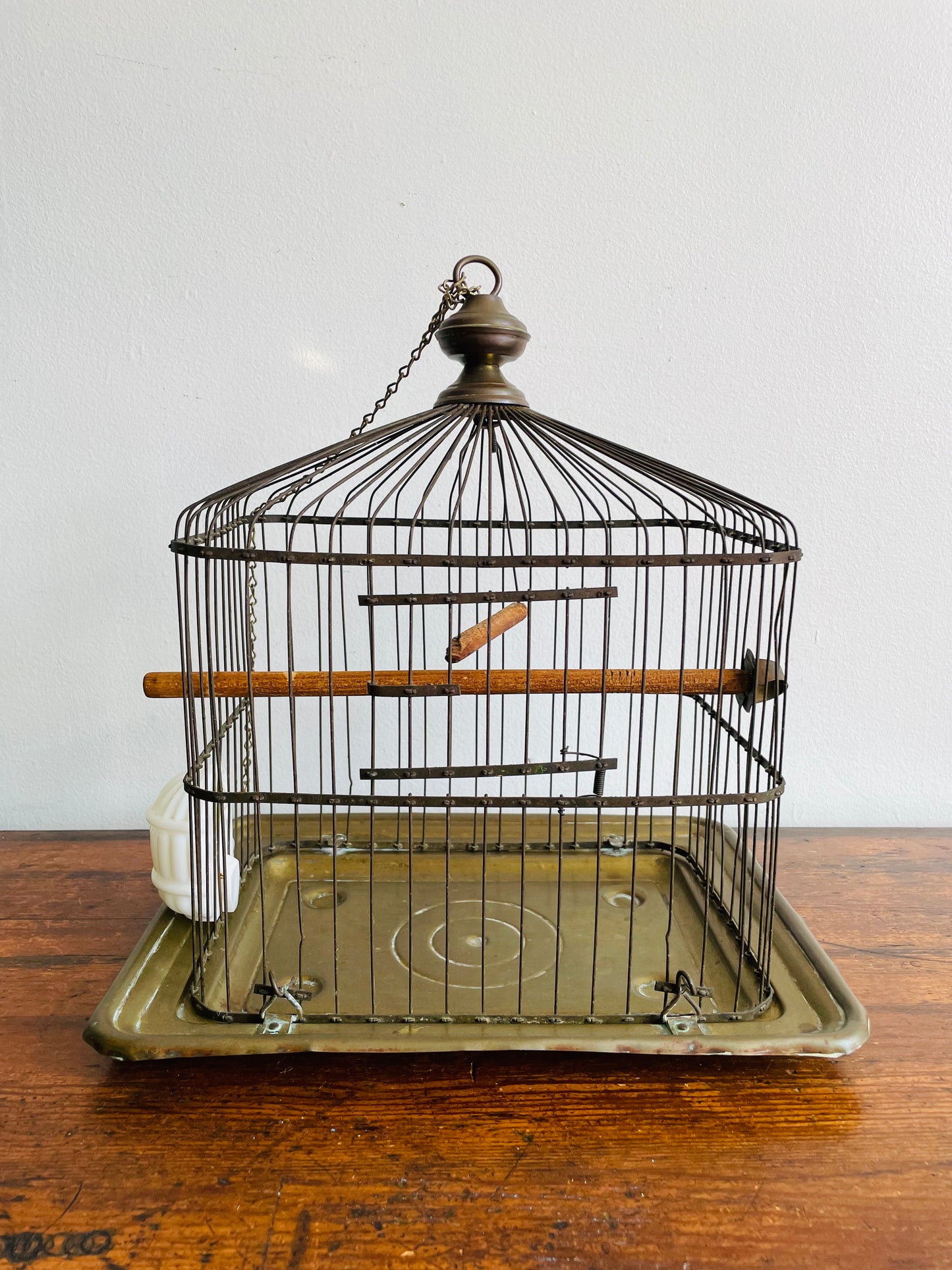 Antique Hendryx Brass & Metal Wire Bird Cage with Wood Perches & Milk Glass Food Dish - Art Deco Decor