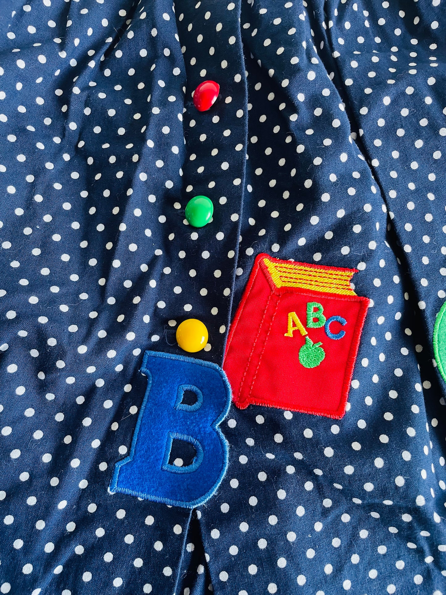 Rare Edition Brand 100% Cotton Navy Polka Dot Dress with ABC School Patches - Size 24 Months