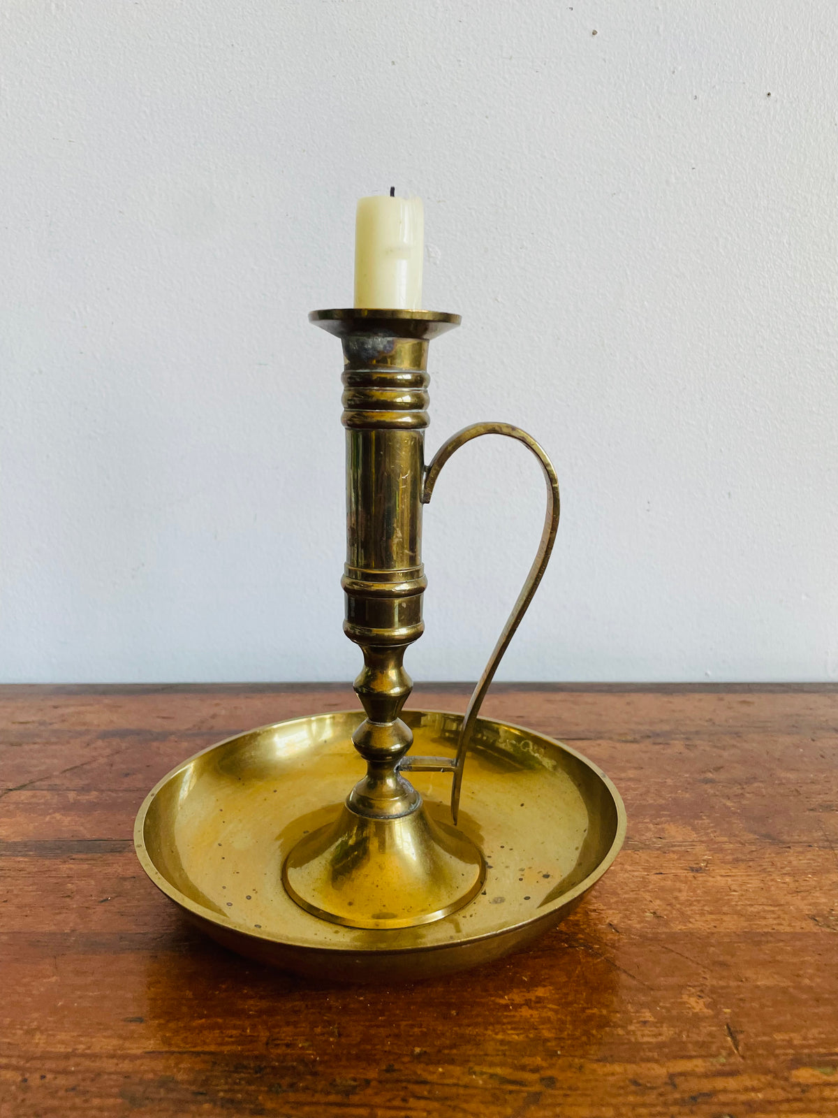 Vintage Tall Solid Brass Chamberstick Candle Holder - Made in India